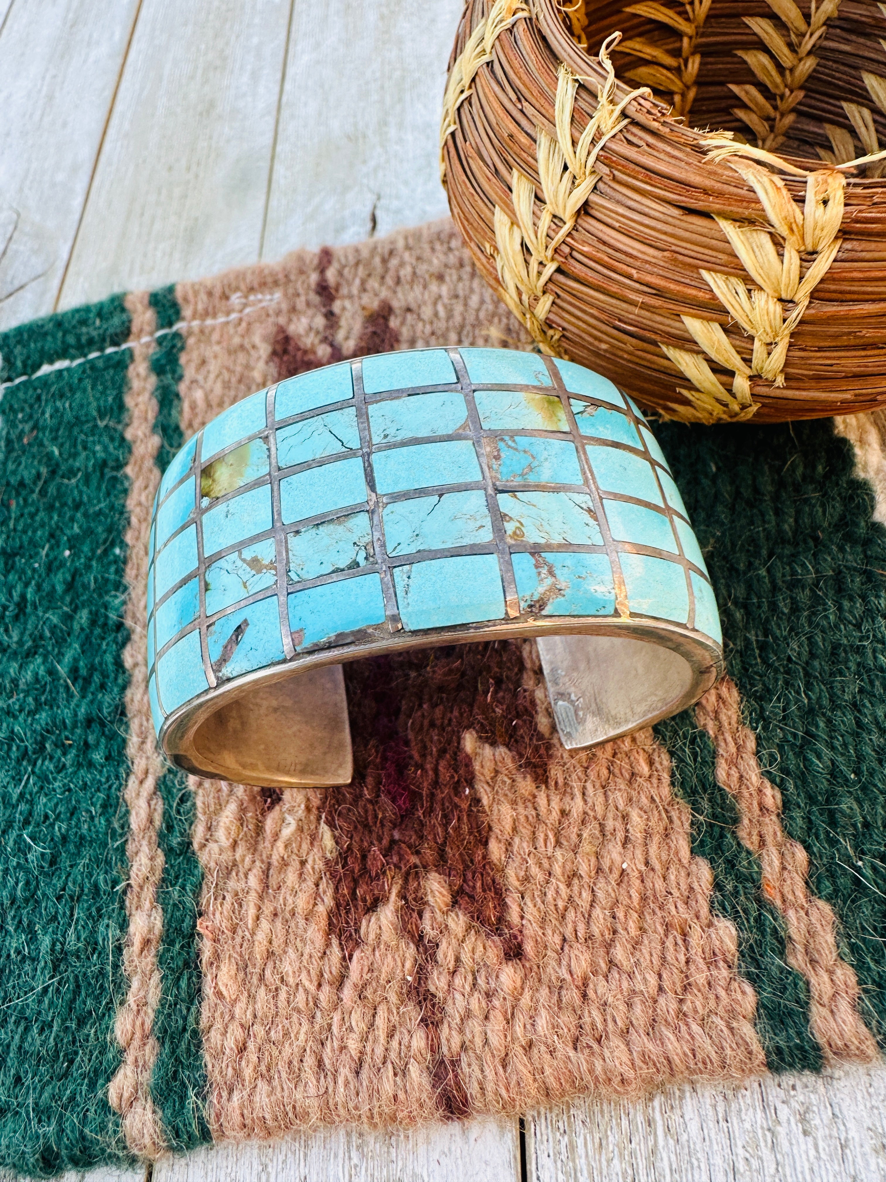 Handcrafted Old Pawn Sterling Silver & Turquoise Inlay Cuff Bracelet