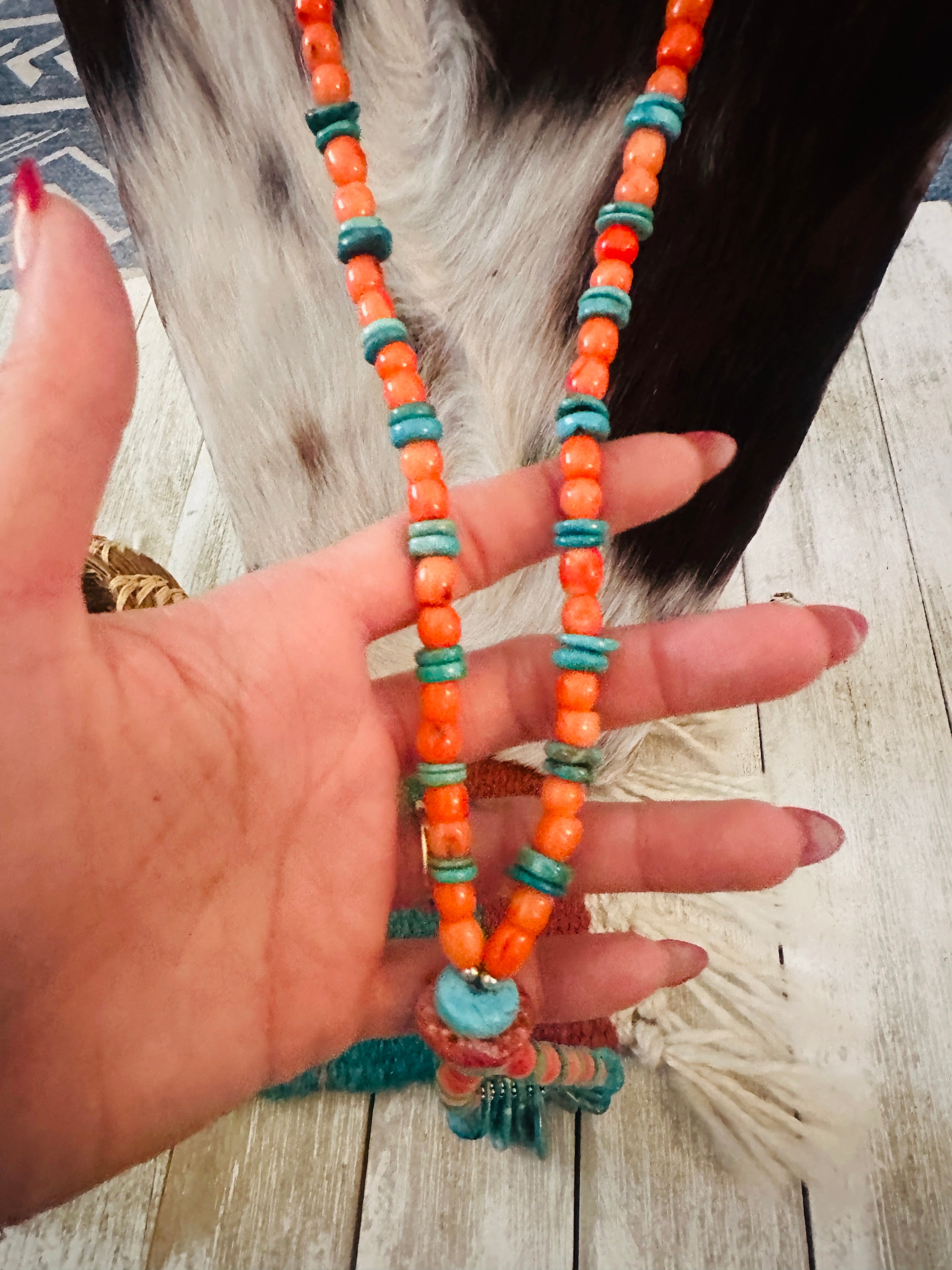 Handcrafted Spiny Oyster, Turquoise & Sterling Silver Beaded Jacla Necklace