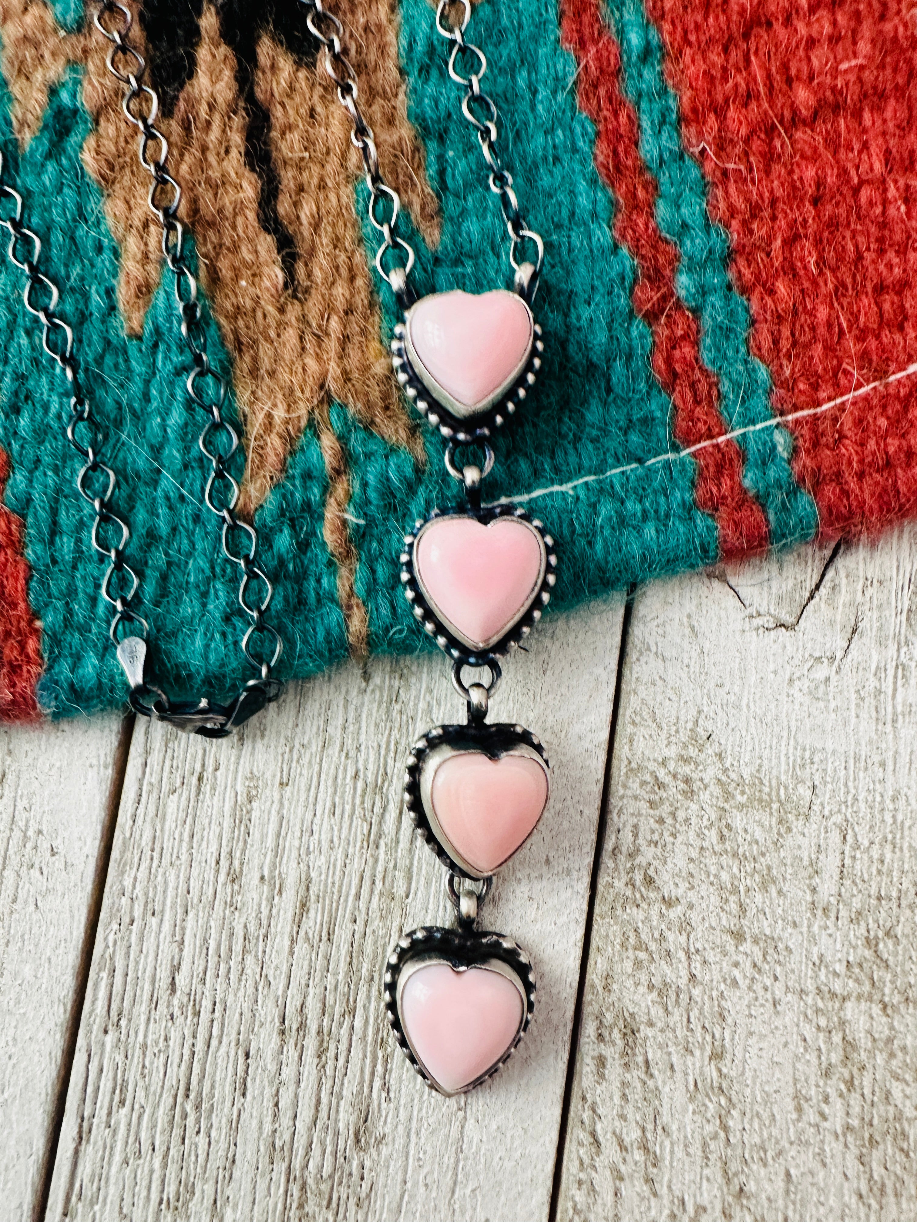 Handcrafted Queen Pink Conch & Sterling Silver Pearl Lariat Heart Necklace