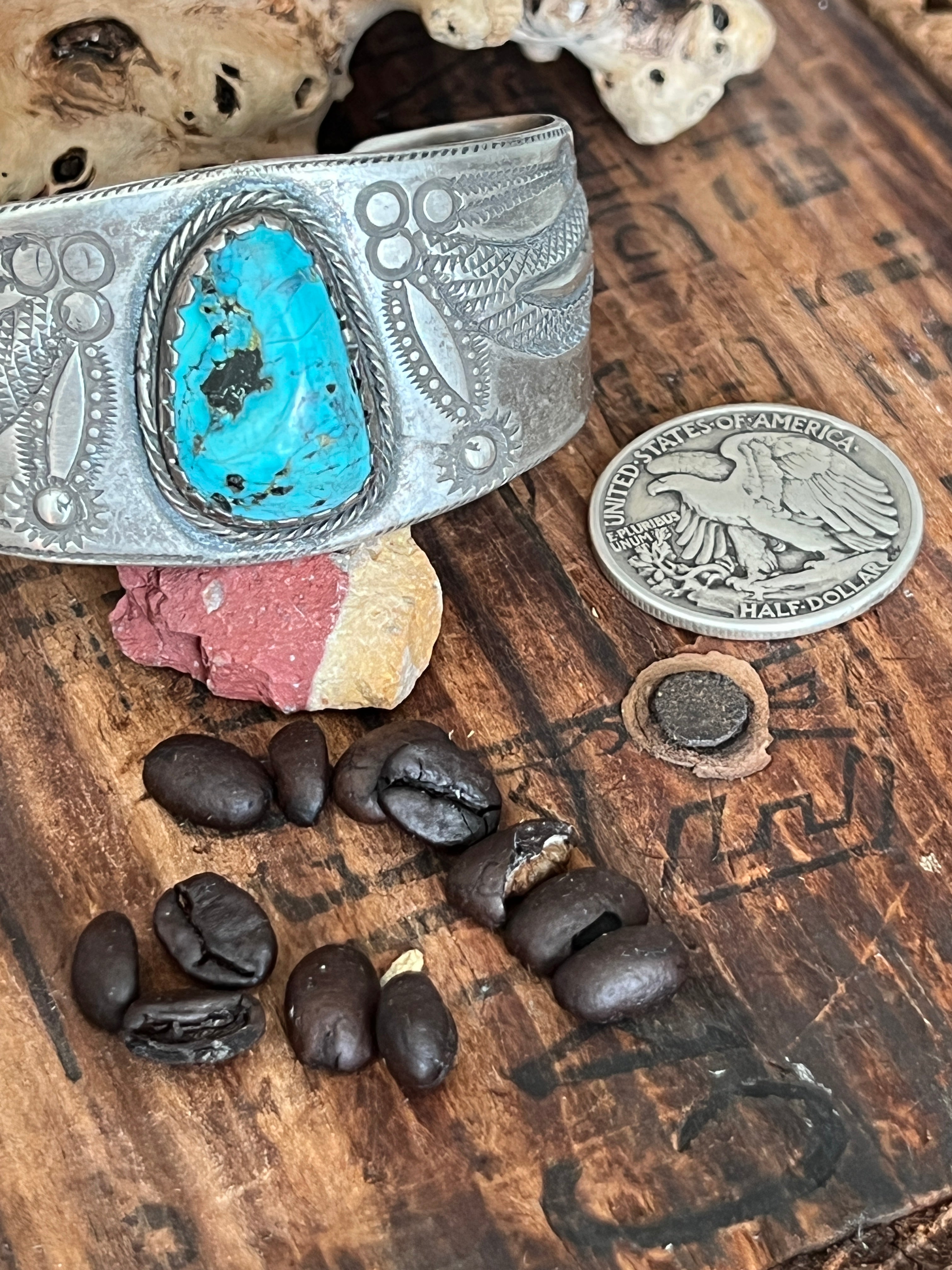Hand Forged Old Pawn Sterling Silver Ingot Cuff Bracelet w/ Turquoise by Santa Fe Artist, Buffalo: The Spurs