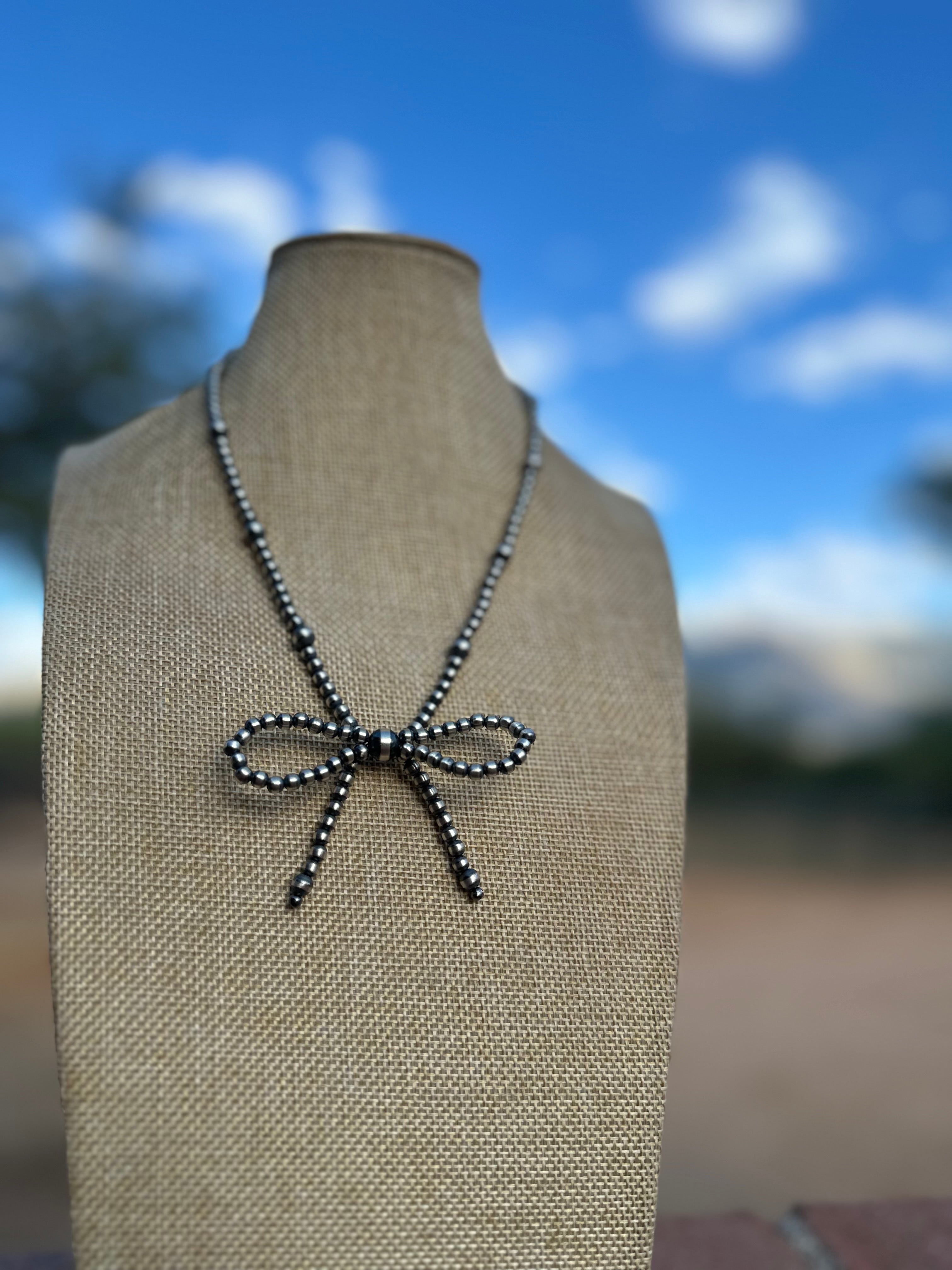 Handcrafted Sterling Silver Pearl Beaded Bow Tie 4-8mm Beaded Necklace 16 inches long