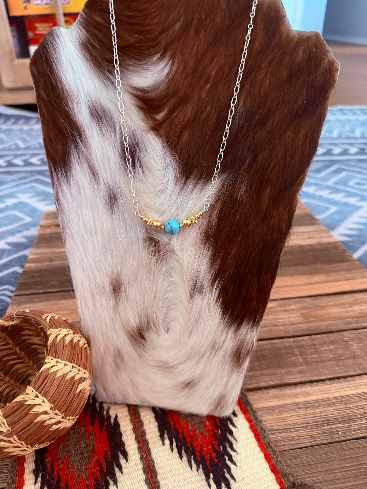 Handcrafted Sterling Silver, Gold & Turquoise Beaded 16” Necklace