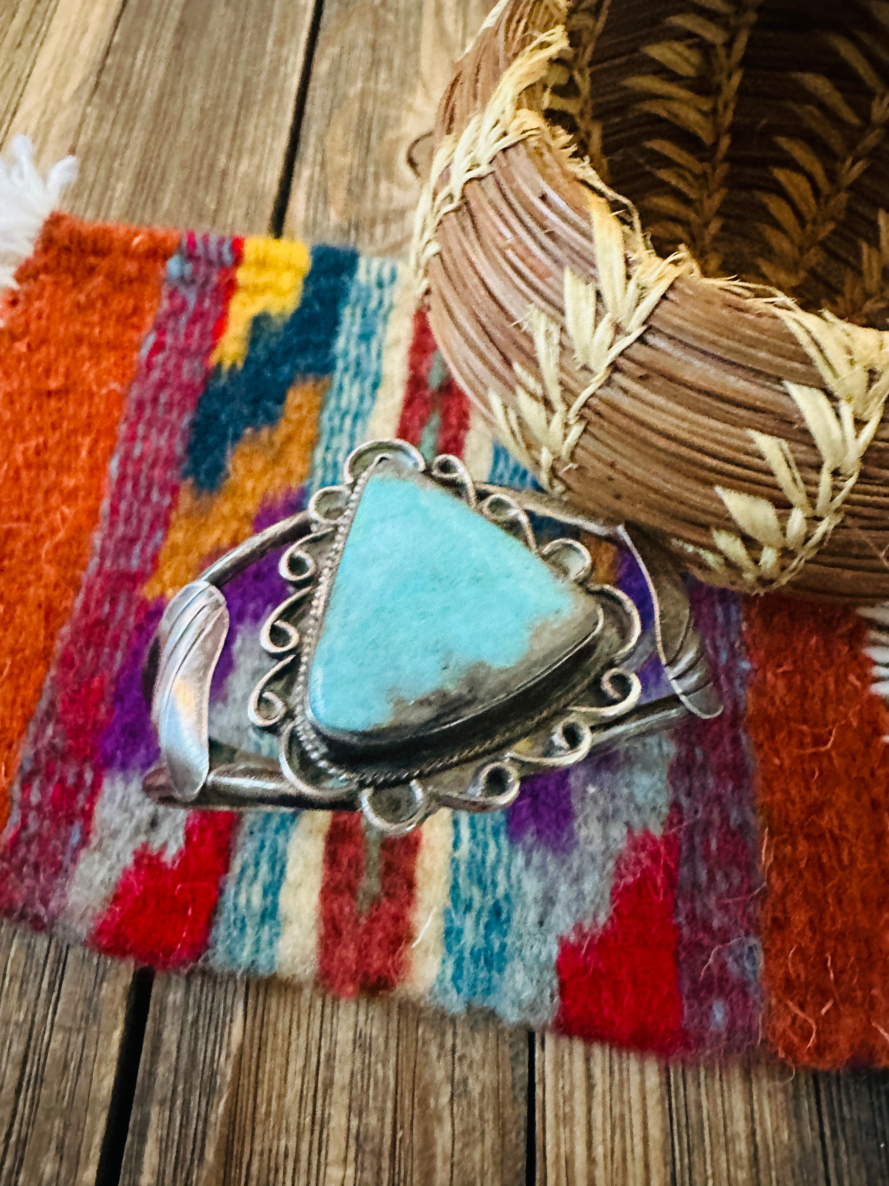 Handcrafted Old Pawn Sterling Silver & Turquoise Cuff Bracelet