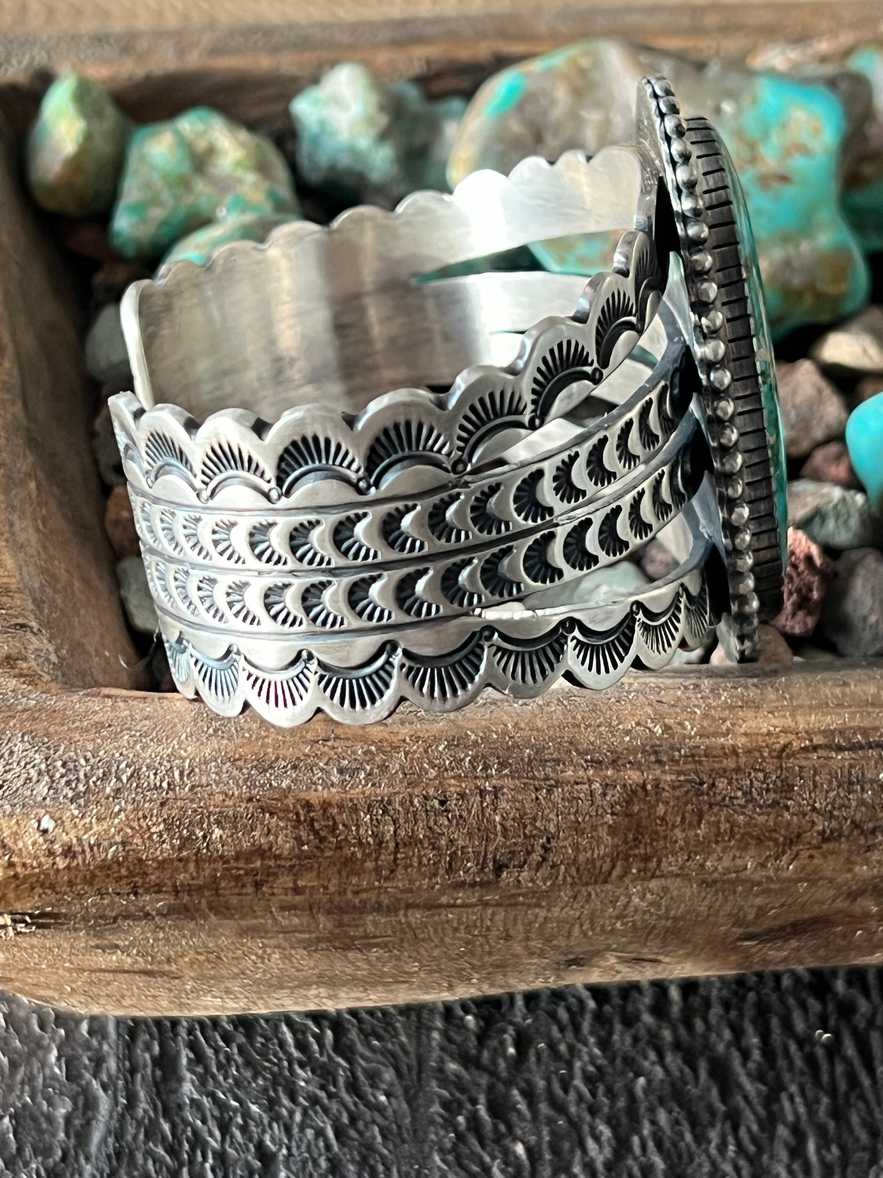 Handcrafted and Hand Stamped Sterling Silver and Royston Turquoise Cuff Bracelet by Diane Wylie