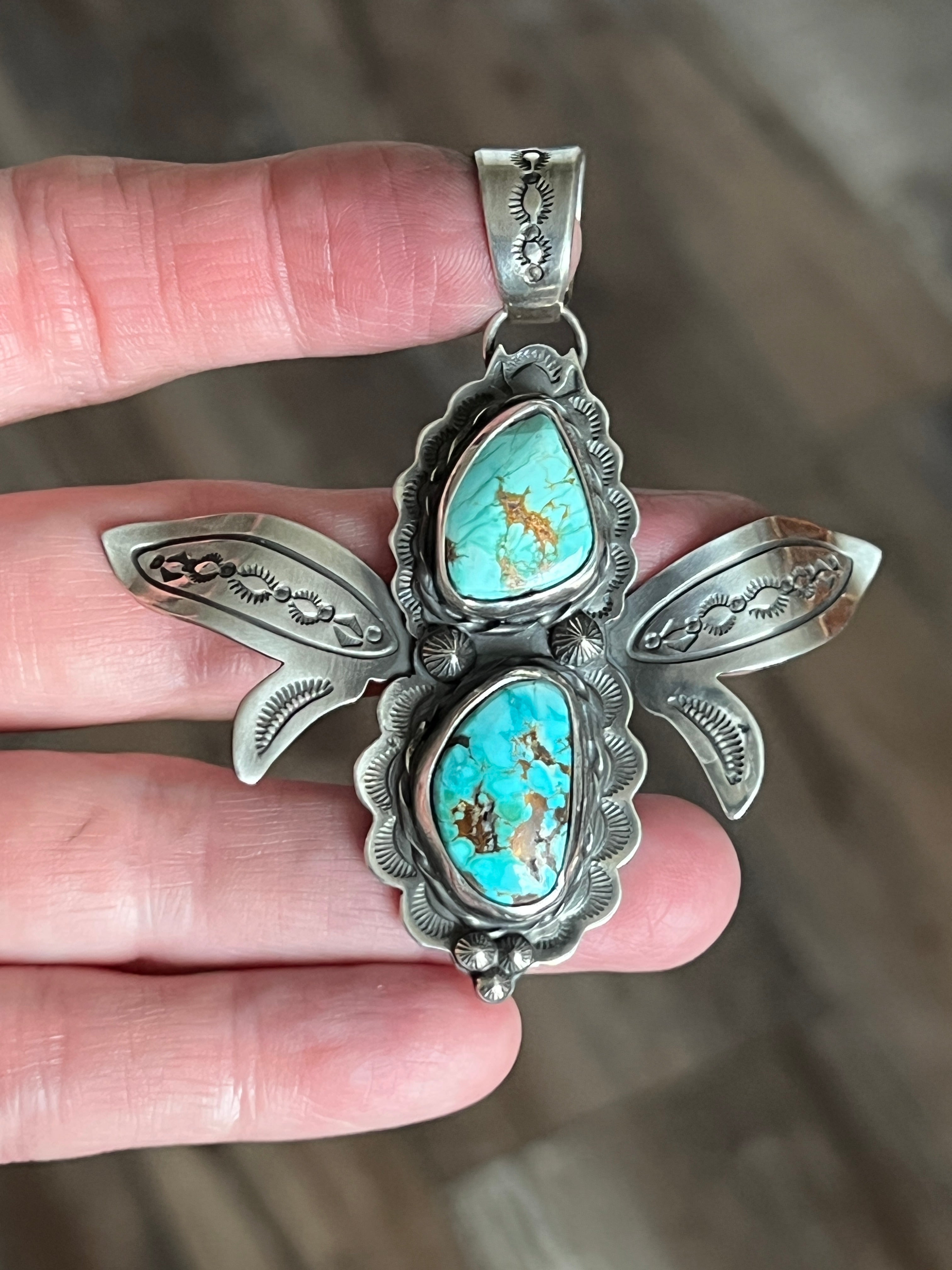 Kimari Somers Hand Stamped Sterling Silver and Turquoise Winged Bug Pendant