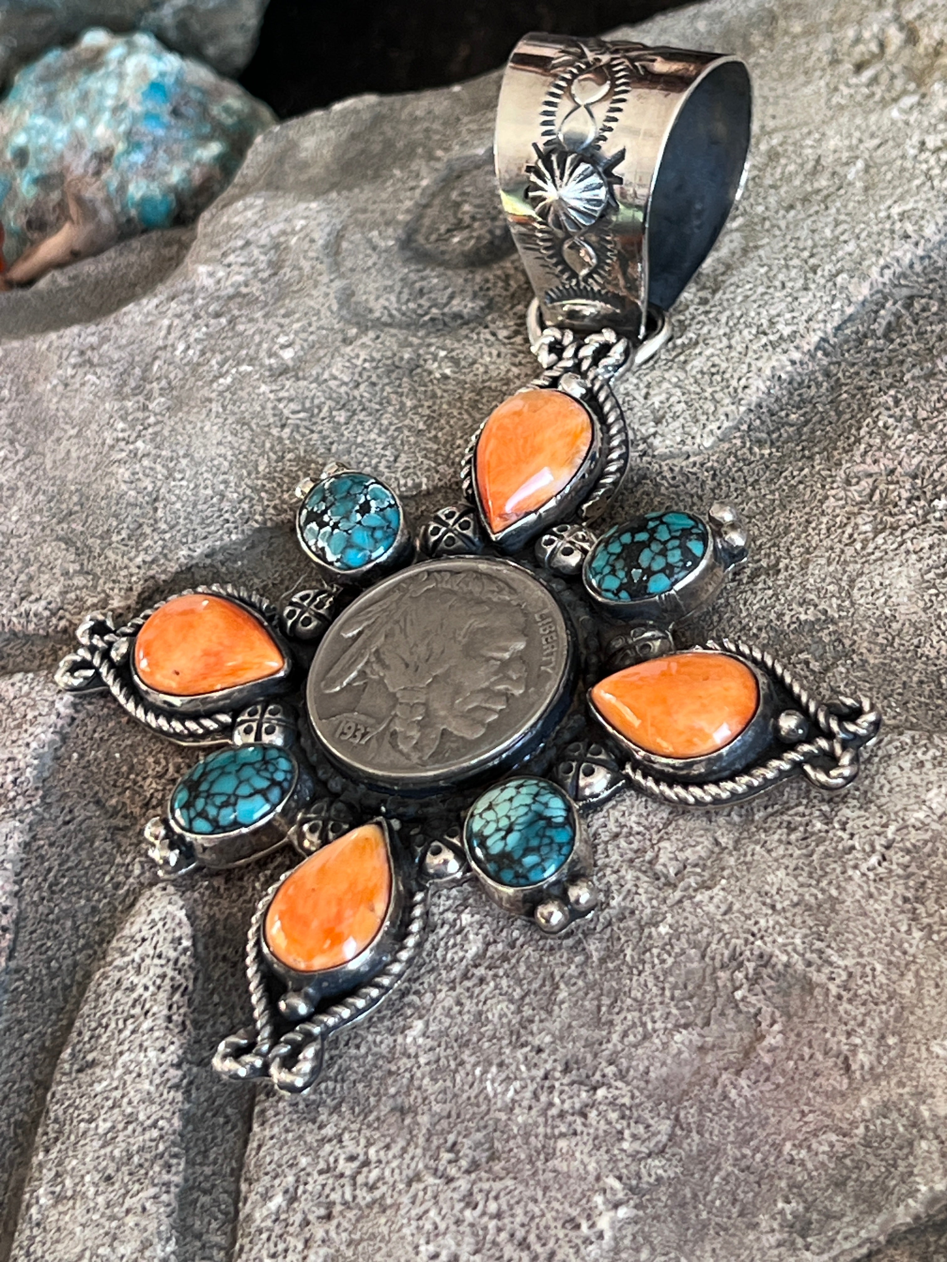 Rosella Paxson Sterling Silver, Buffalo Nickel, Hubei Turquoise & Spiny Oyster Cluster Pendant