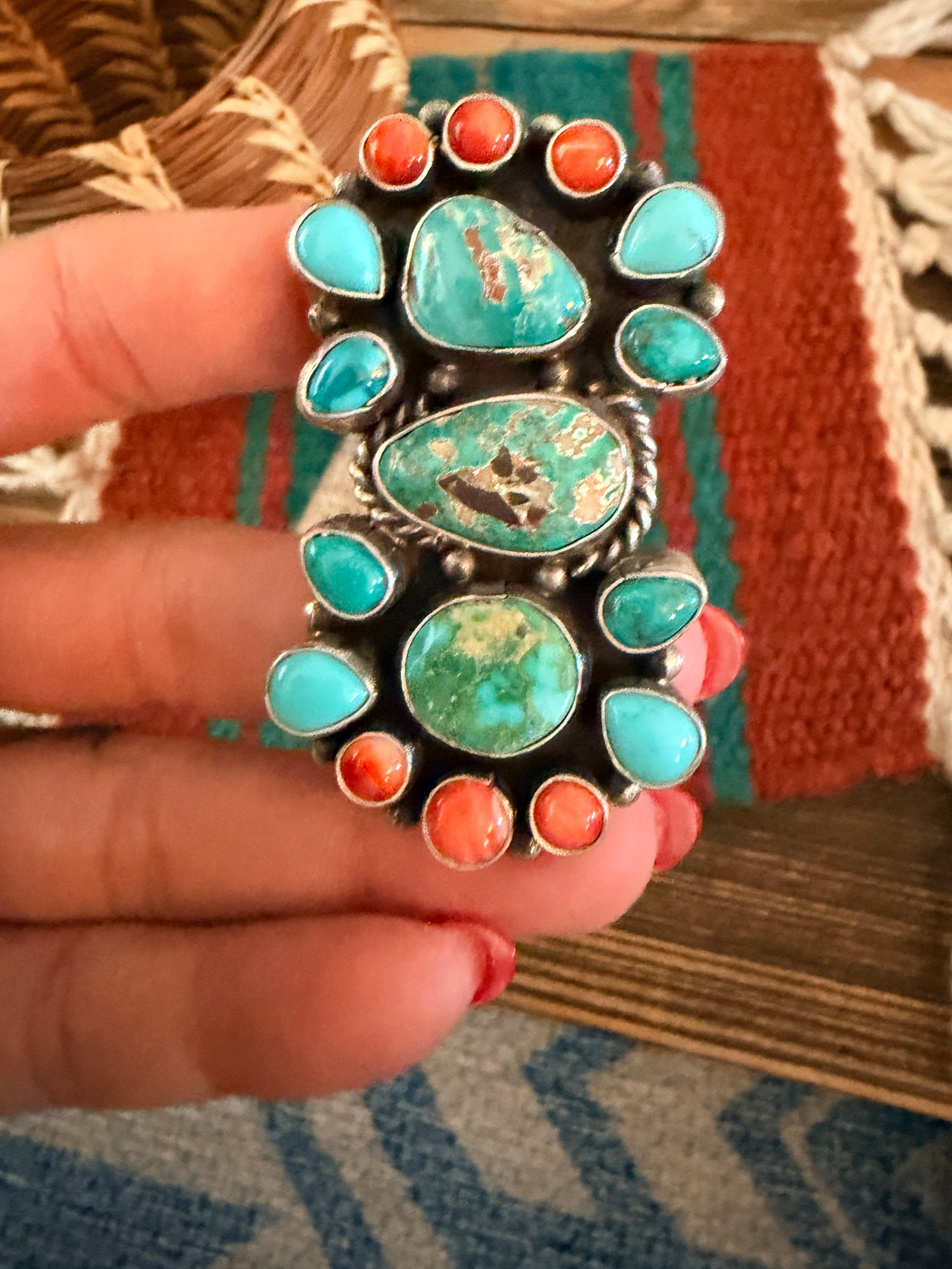 Handcrafted Spiny Oyster, Turquoise & Sterling Silver Cluster Ring by Sheila Becenti Size 9