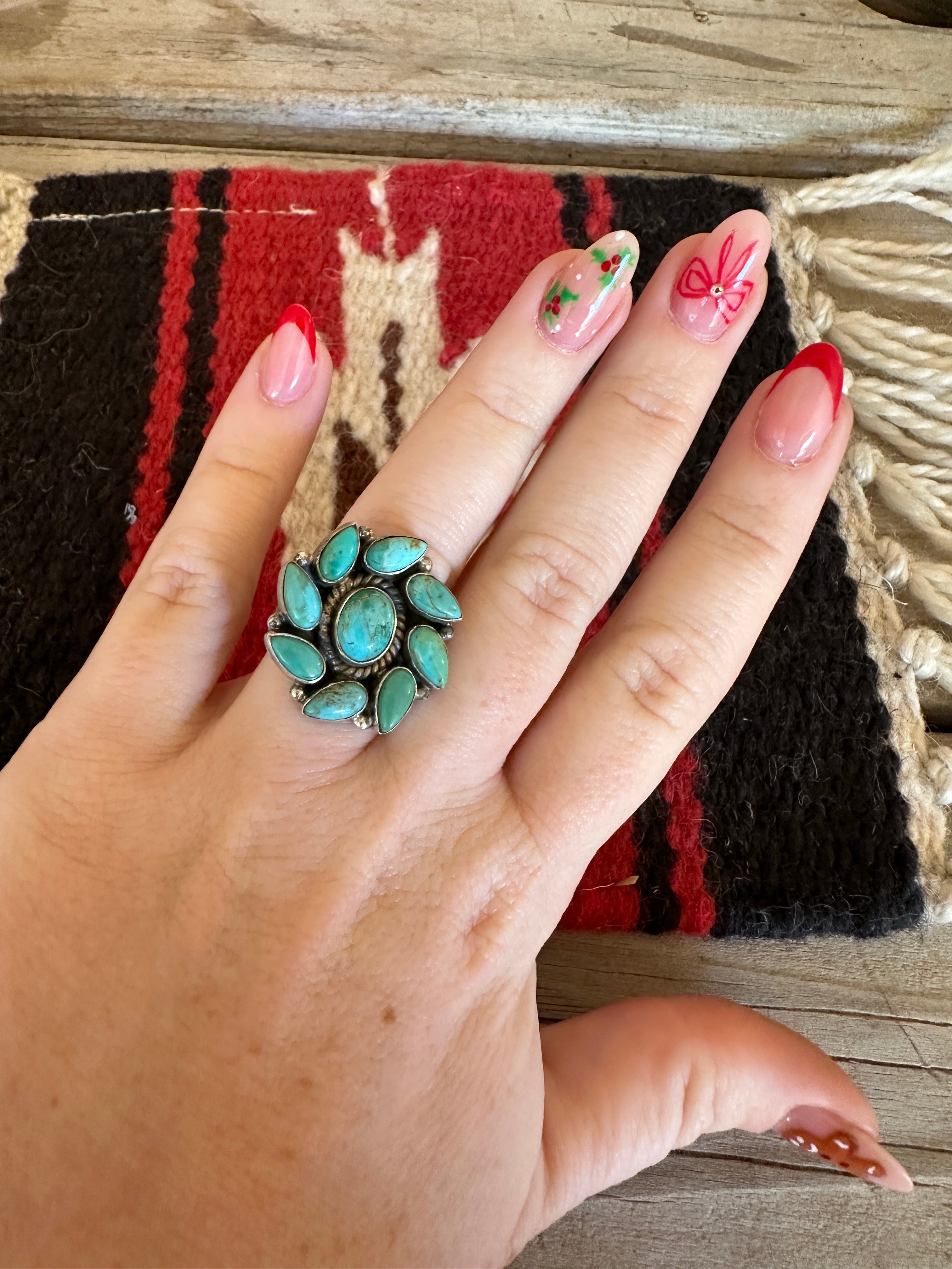 Beautiful Handmade Turquoise And Sterling Silver Adjustable Flower Ring