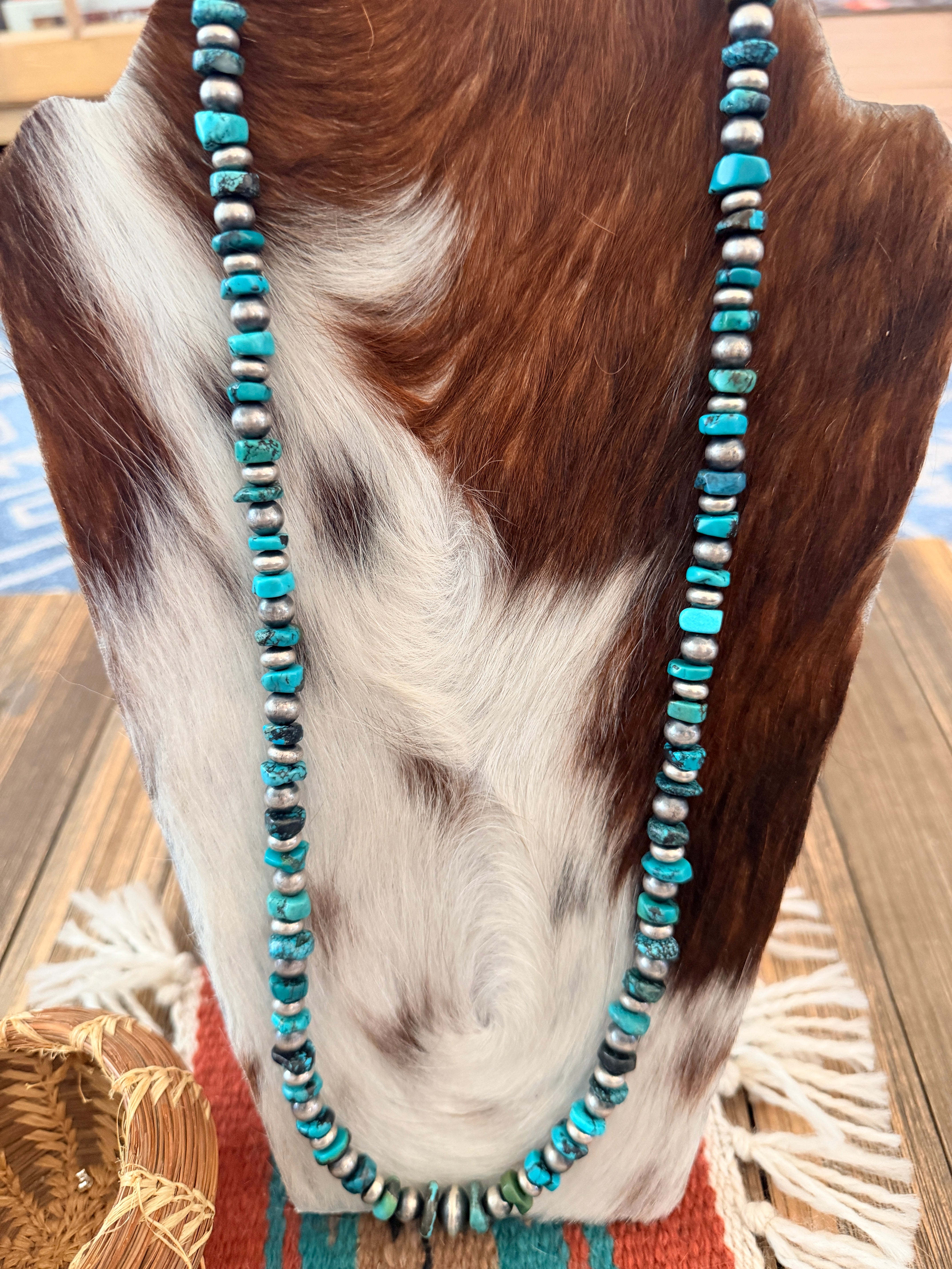 Handcrafted Turquoise & Sterling Silver Pearl 32" Beaded Necklace
