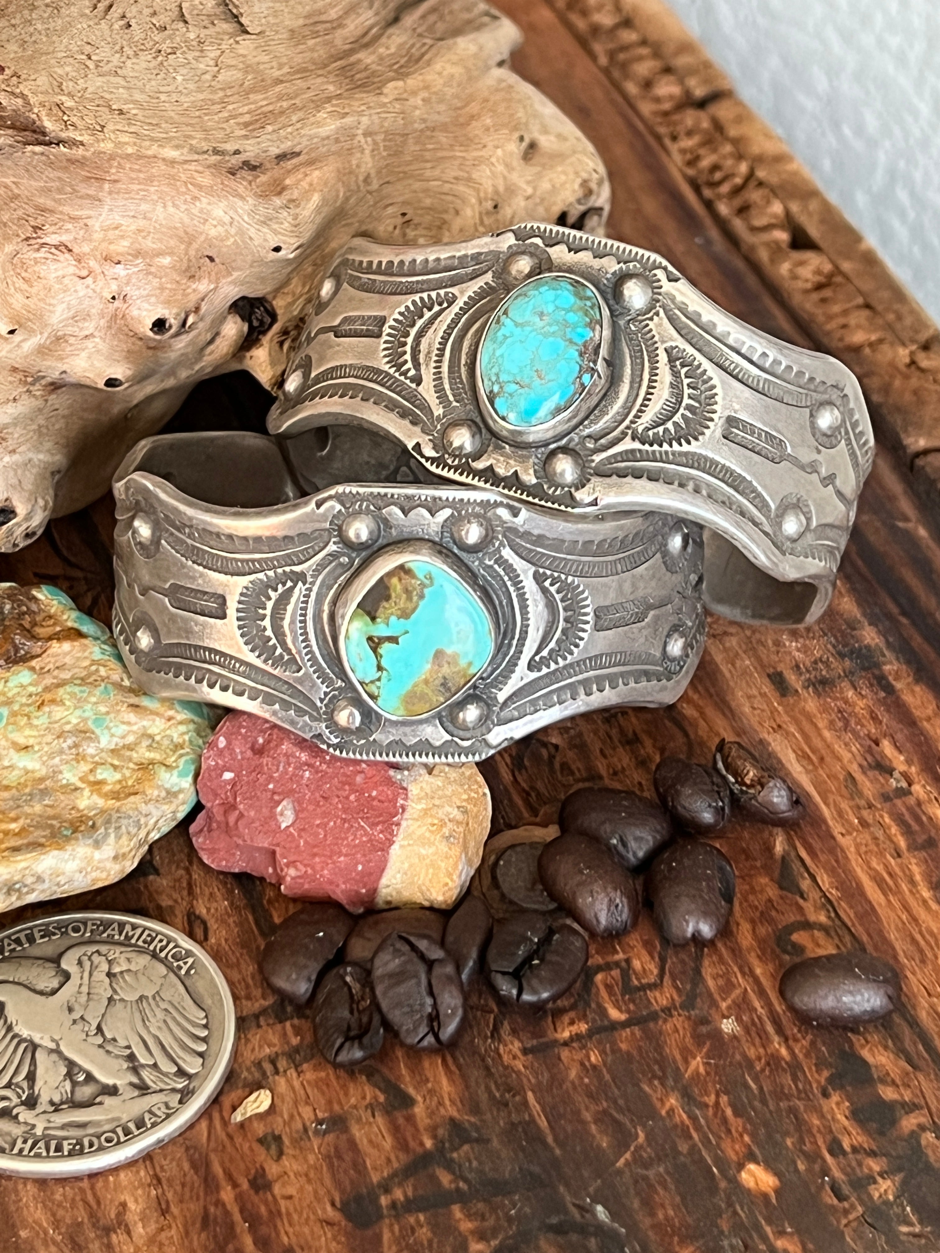 Hand Forged Old Pawn Sterling Silver & Turquoise Ingot Cuff Bracelets by Santa Fe Artist, Buffalo: The Twins