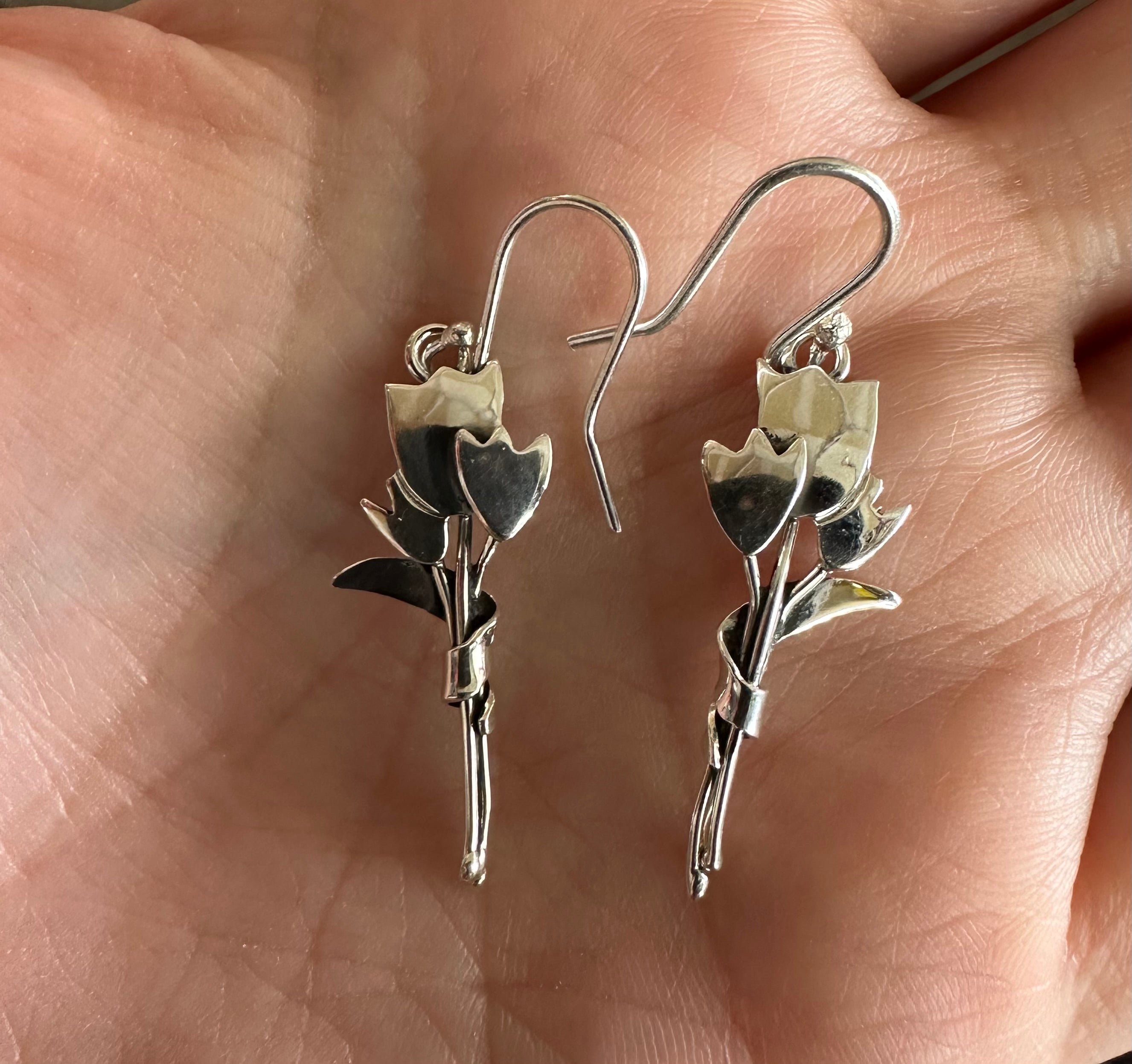 Tulip Flower Bouquet Sterling Silver Earrings