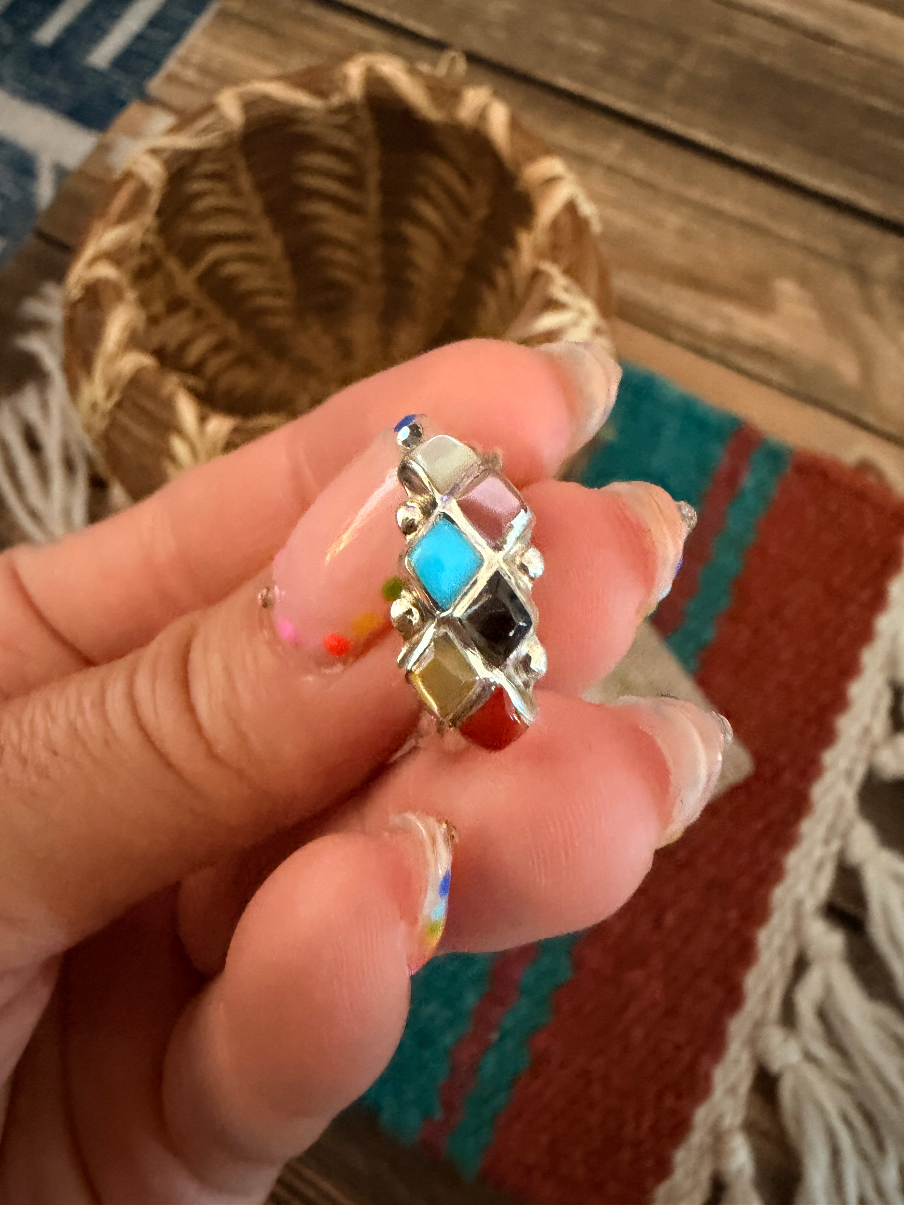Handcrafted Multi Stone & Sterling Silver Band Ring Size 6.25
