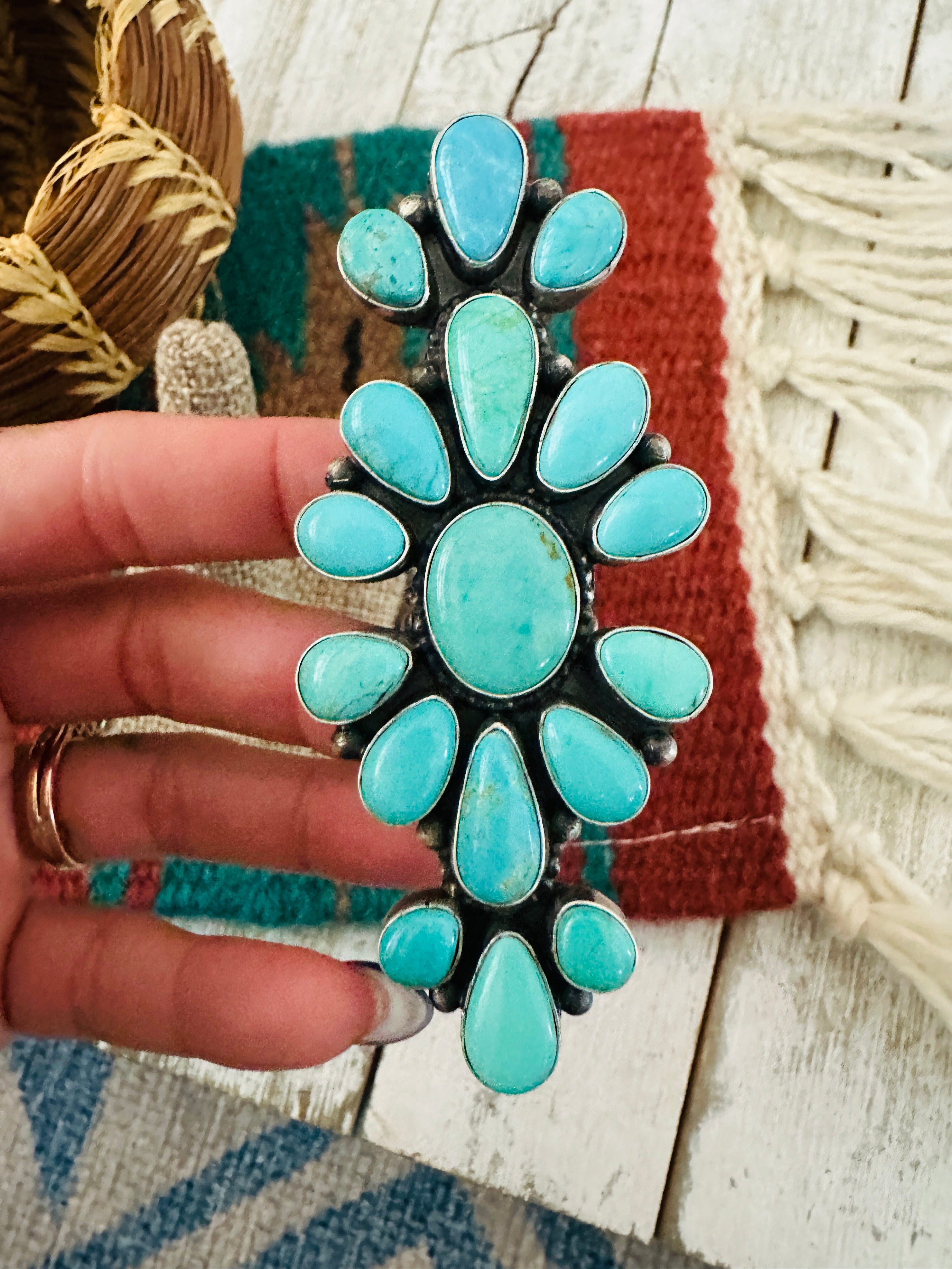 Handcrafted Sterling Silver & Turquoise Cluster Ring Size 6