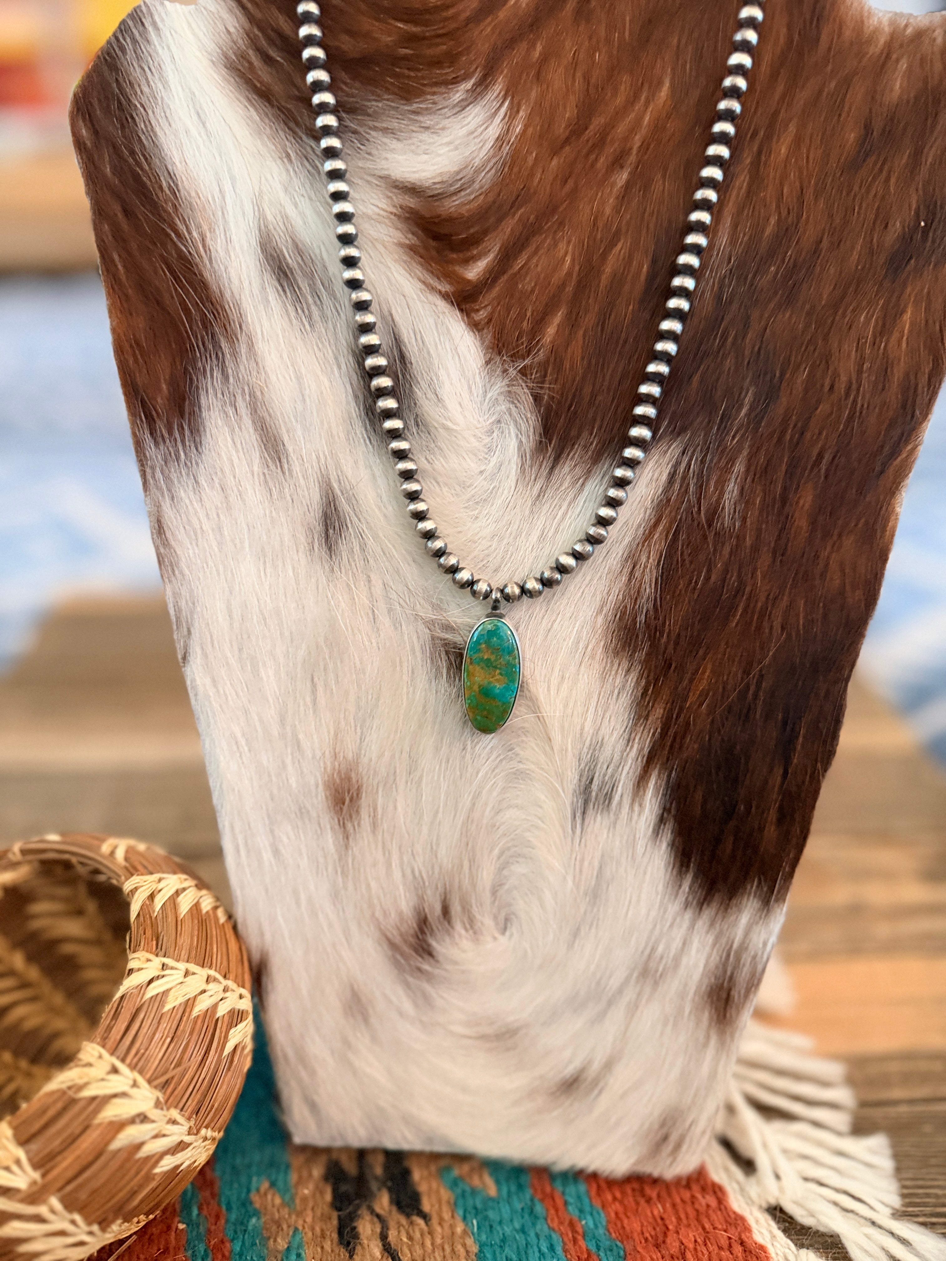 Handcrafted Turquoise & 5mm Sterling Silver Pearl 18” Beaded Necklace