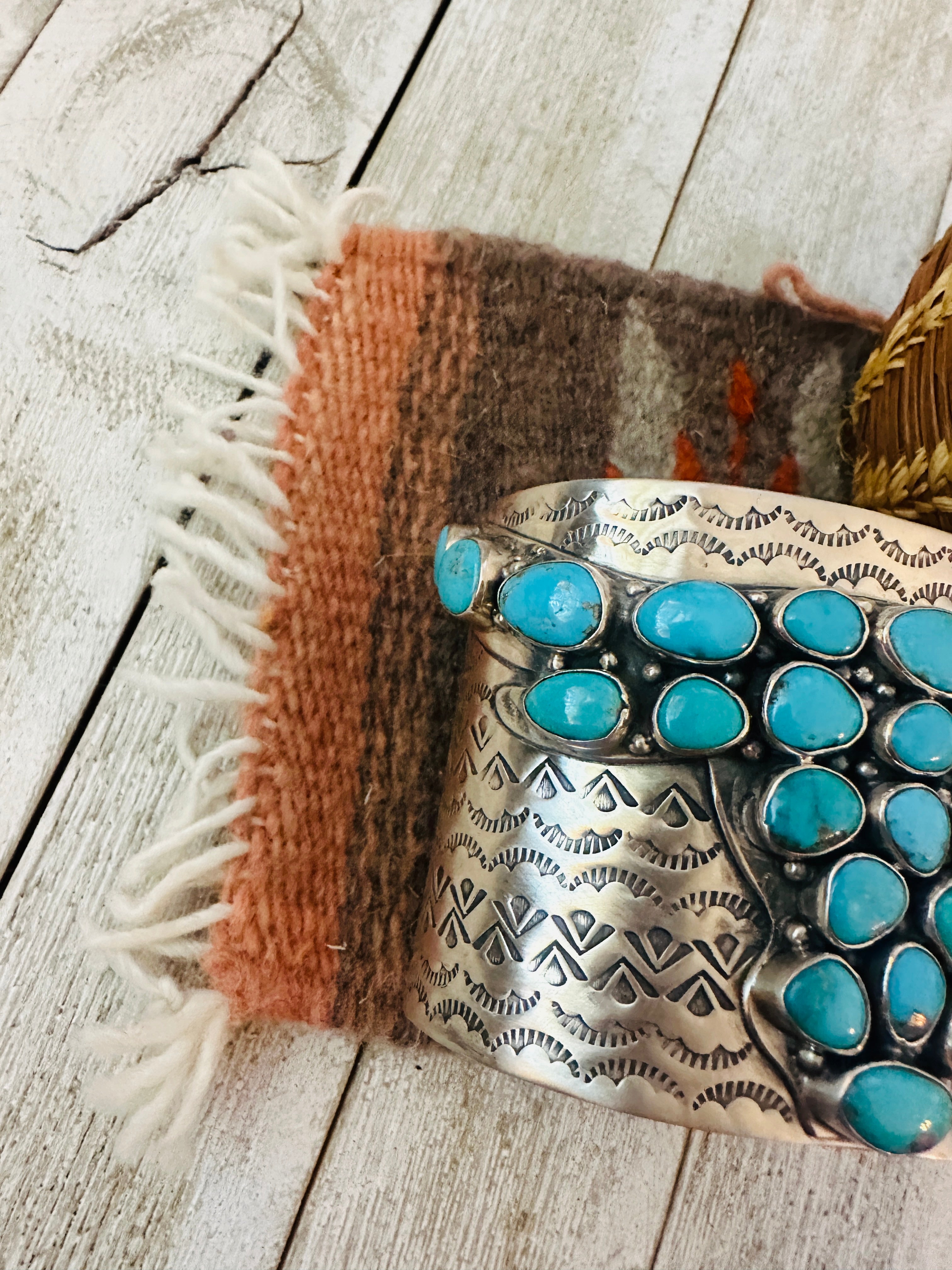 Handcrafted Sterling Silver & Turquoise Bullhead Cluster Cuff Bracelet /