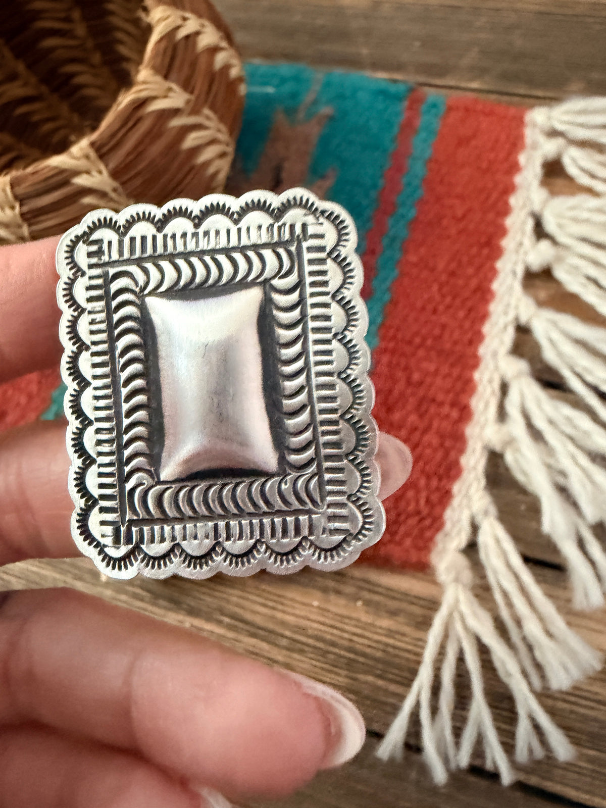 Handcrafted Sterling Silver Adjustable Concho Ring by Leander Tahe