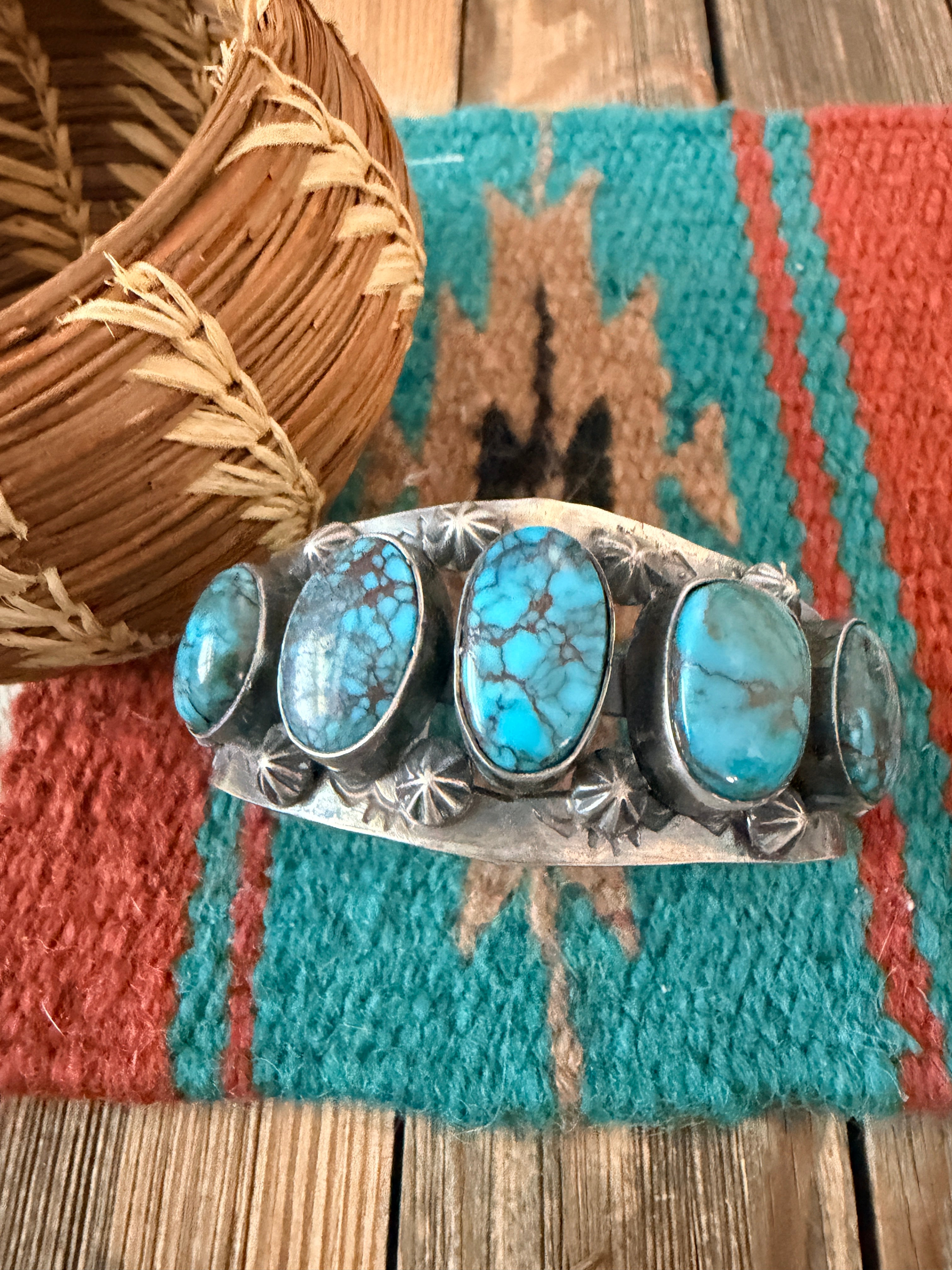 Handcrafted Old Pawn Sterling Silver & Blue Diamond Turquoise Cuff Bracelet