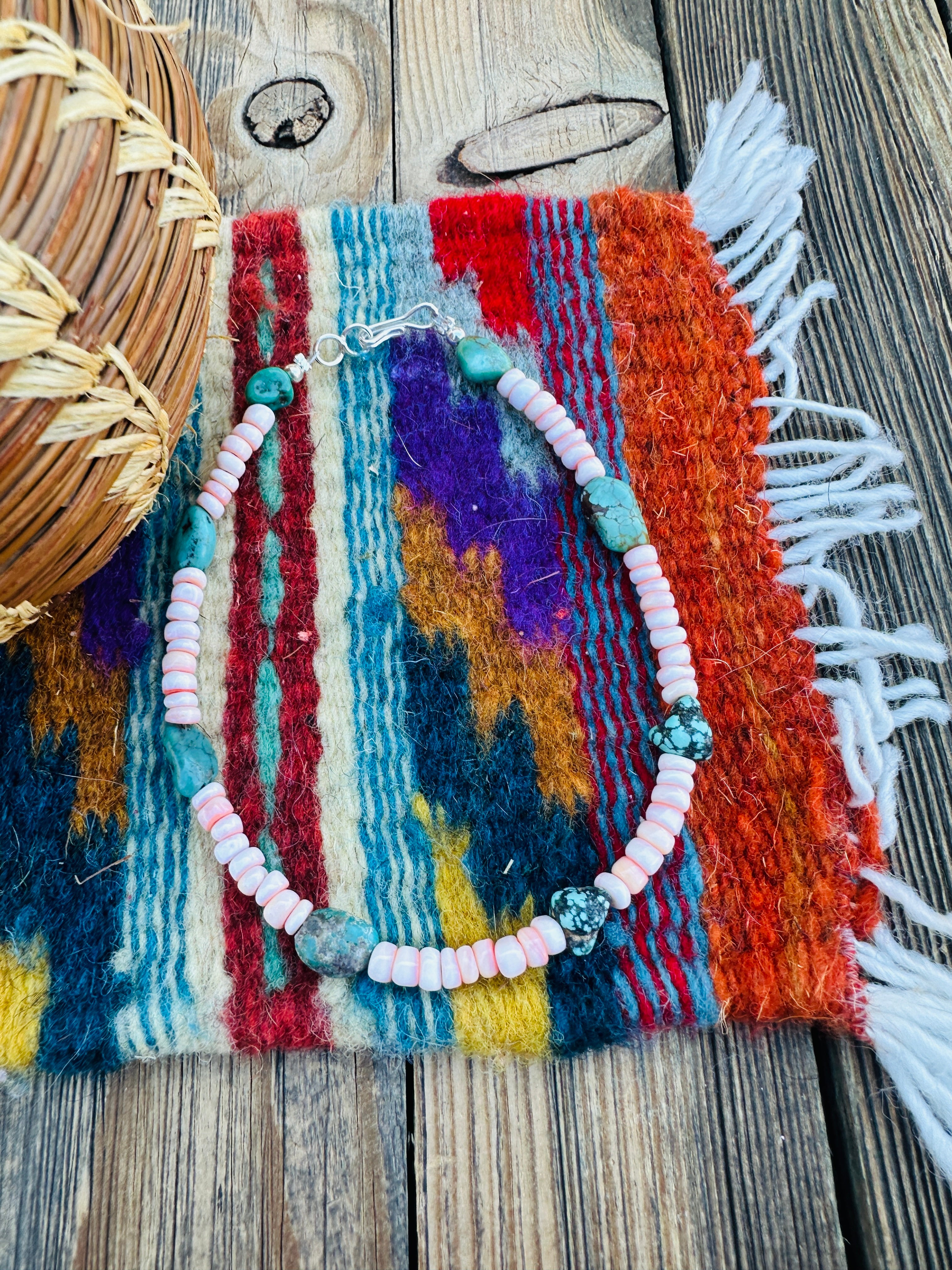 Handcrafted Turquoise, Queen Pink Conch & Sterling Silver Beaded Anklet