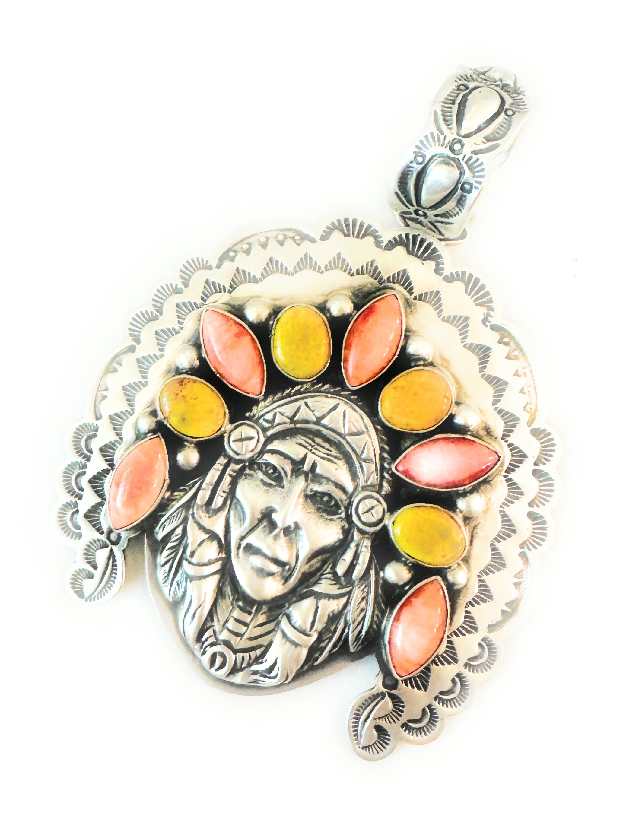 Handcrafted Spiny, Jasper & Sterling Silver Indian Chief Pendant