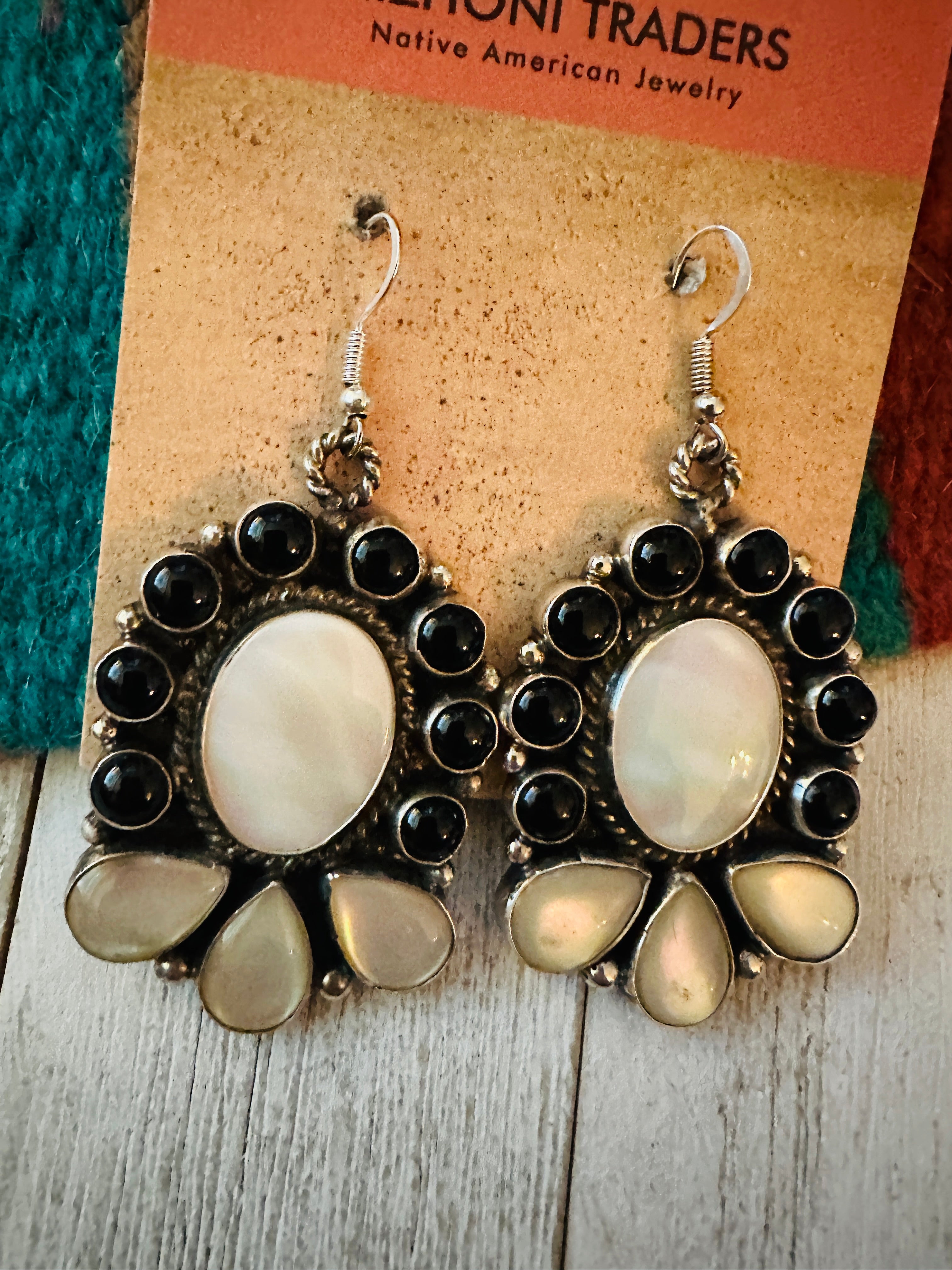 Handcrafted Mother of Pearl, Onyx & Sterling Silver Dangle Earrings