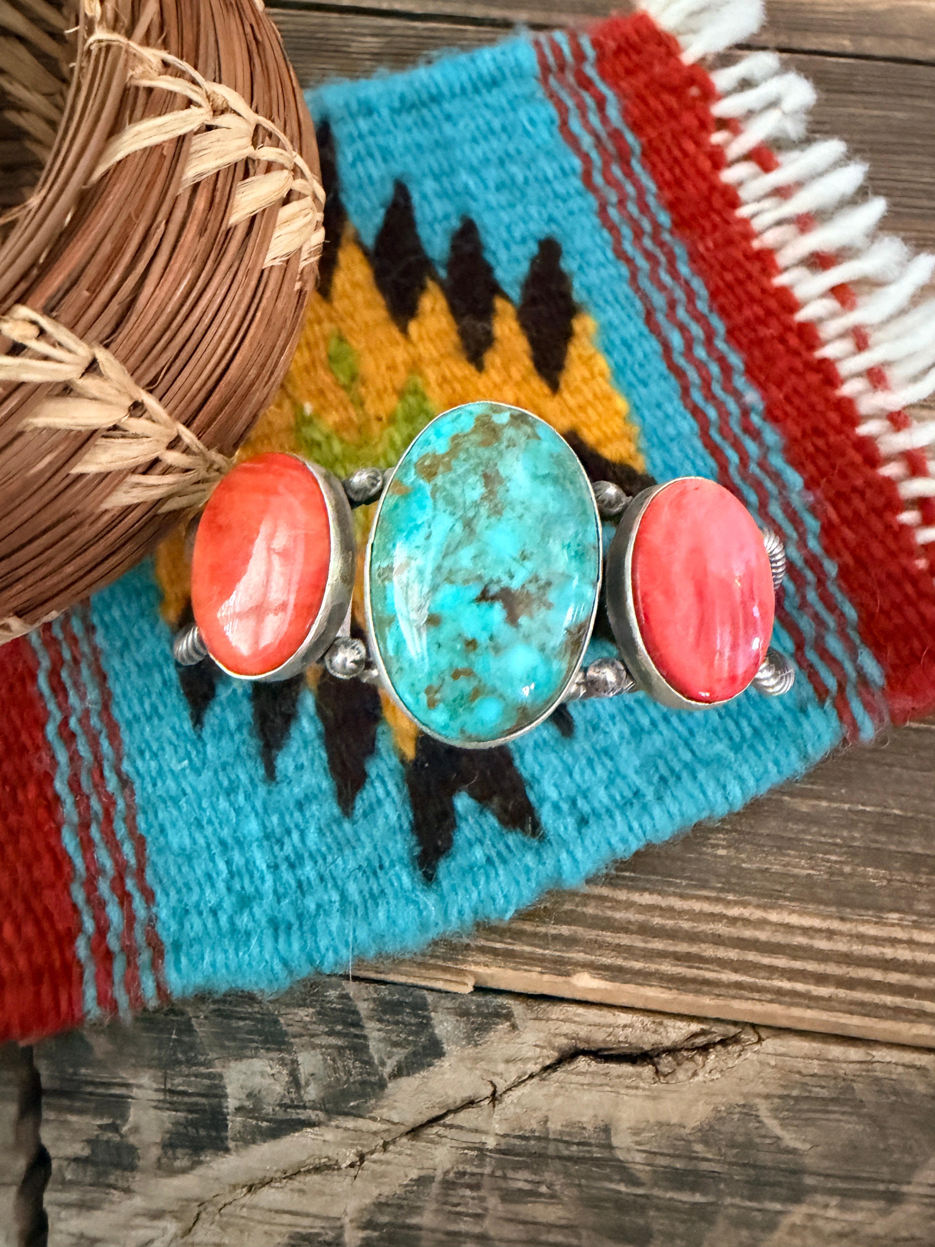 Handcrafted Spiny Oyster, Turquoise & Sterling Silver Cuff Bracelet by Patrick Yazzie