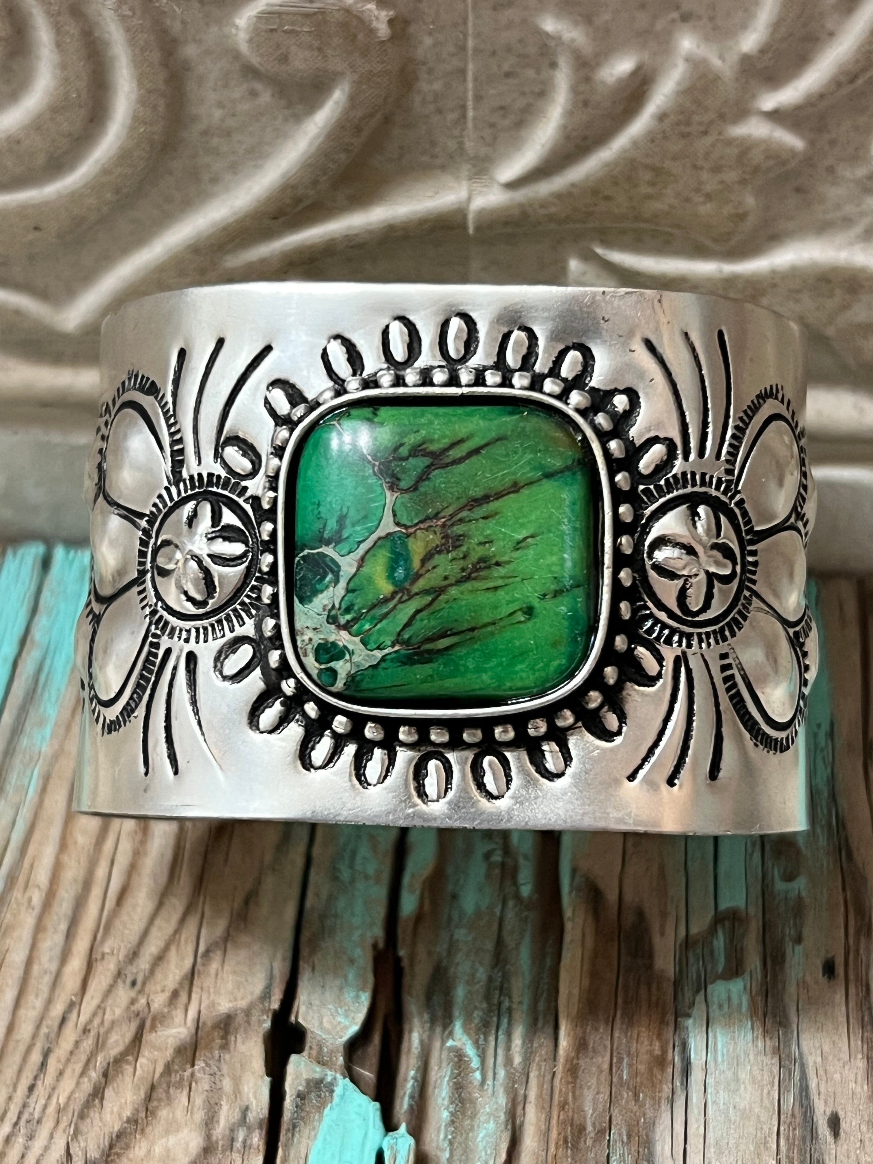 Engraved Silver Plated Cuff Bracelet with Green Stone
