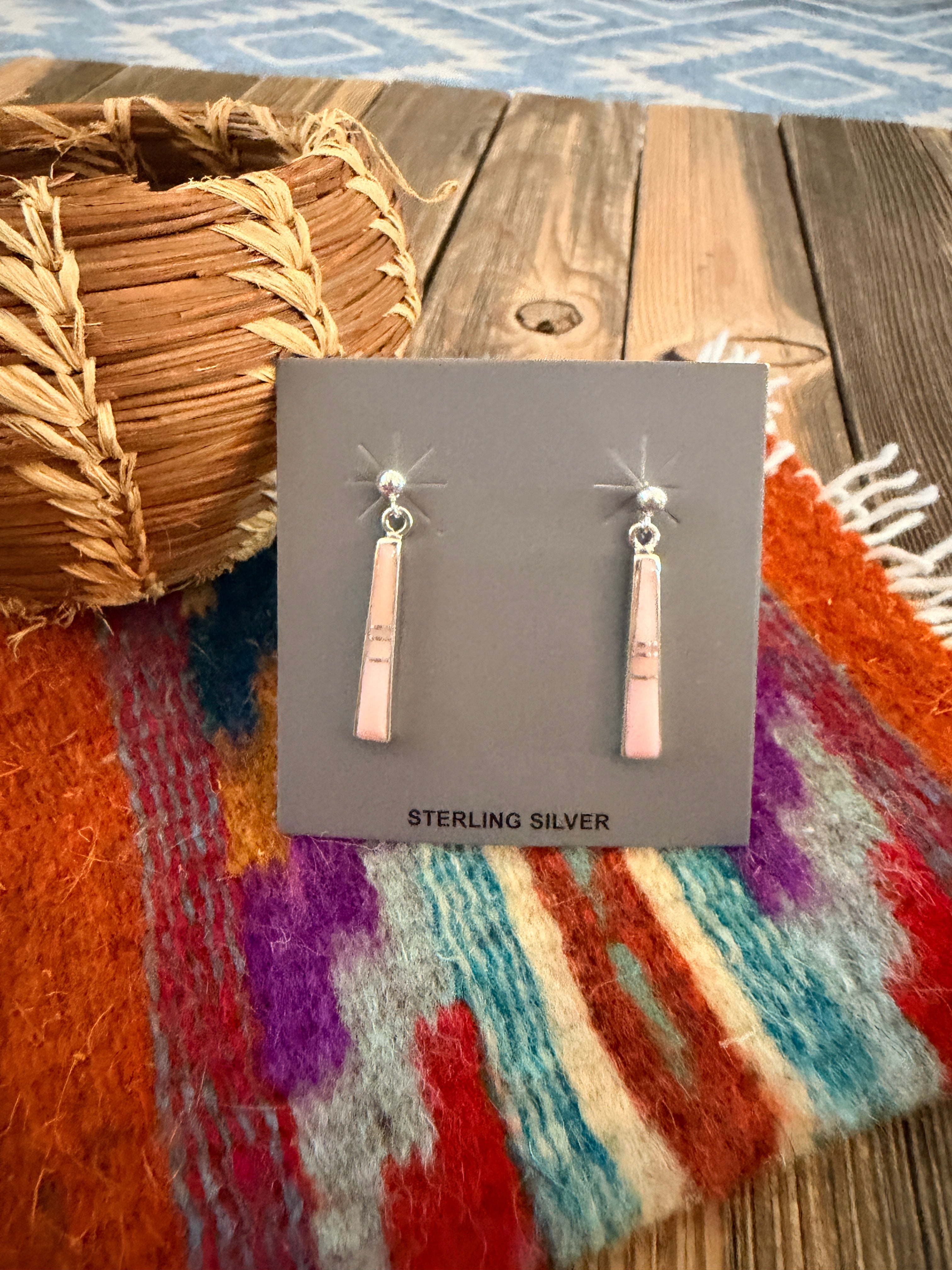 Handcrafted Queen Pink Conch & Sterling Silver Inlay Dangle Earrings by Rick Tolino