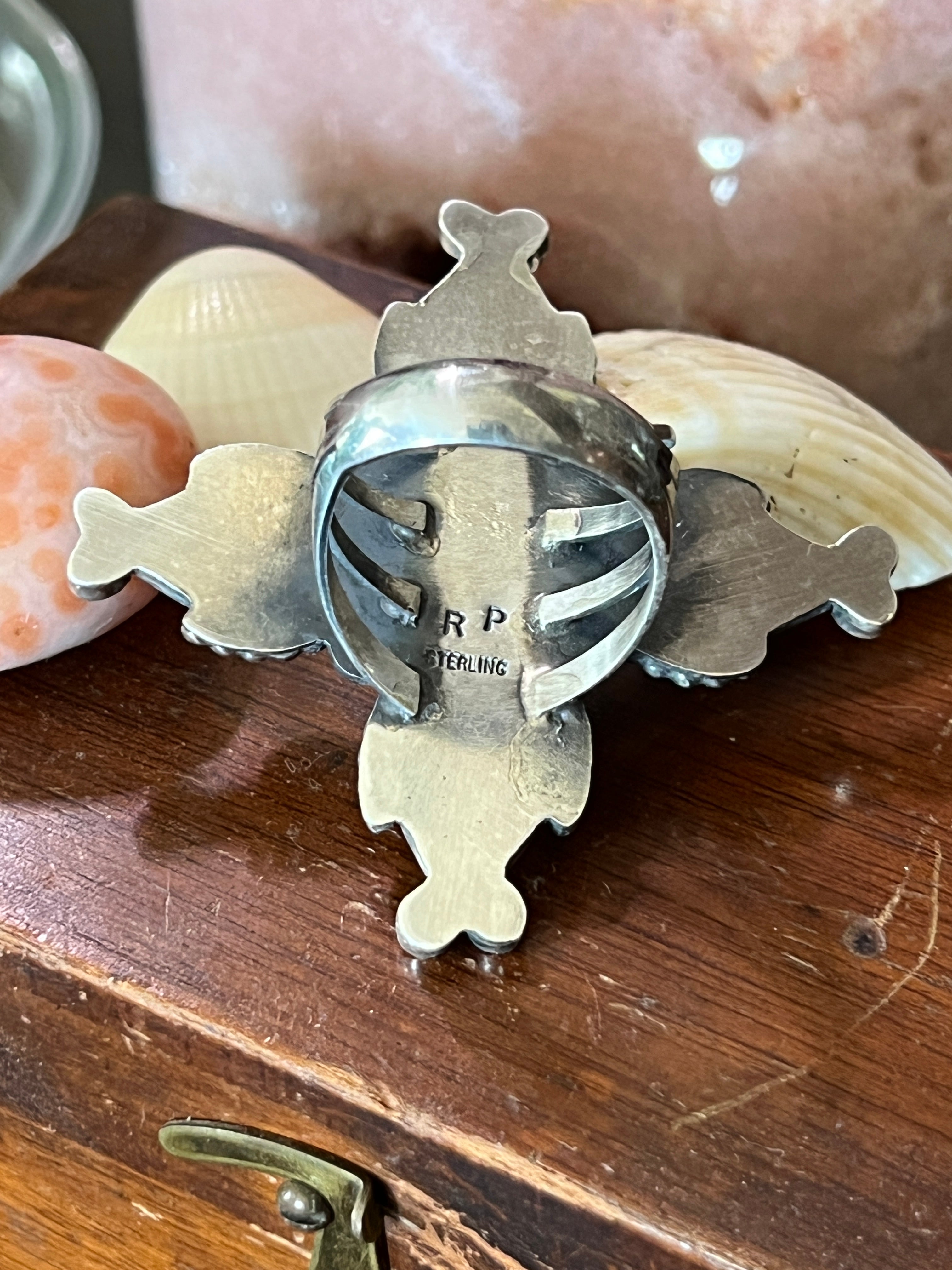 Apache Sterling Silver and Orange Spiny Oyster Shell 4 Direction Ring by Rosella Paxson, Size 10