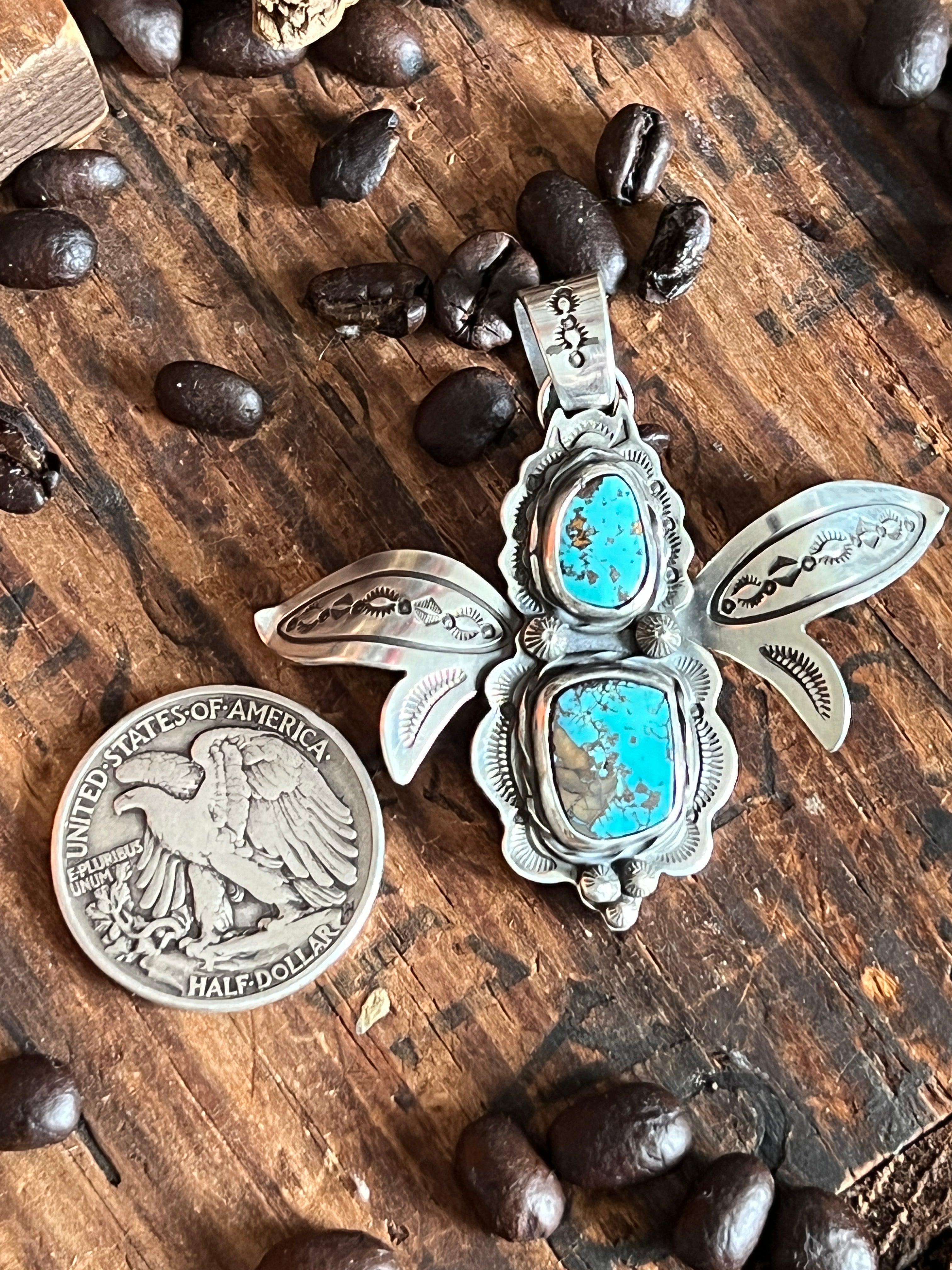 Handcrafted Kimari Somers Sterling Silver and Turquoise Winged Bug Pendant
