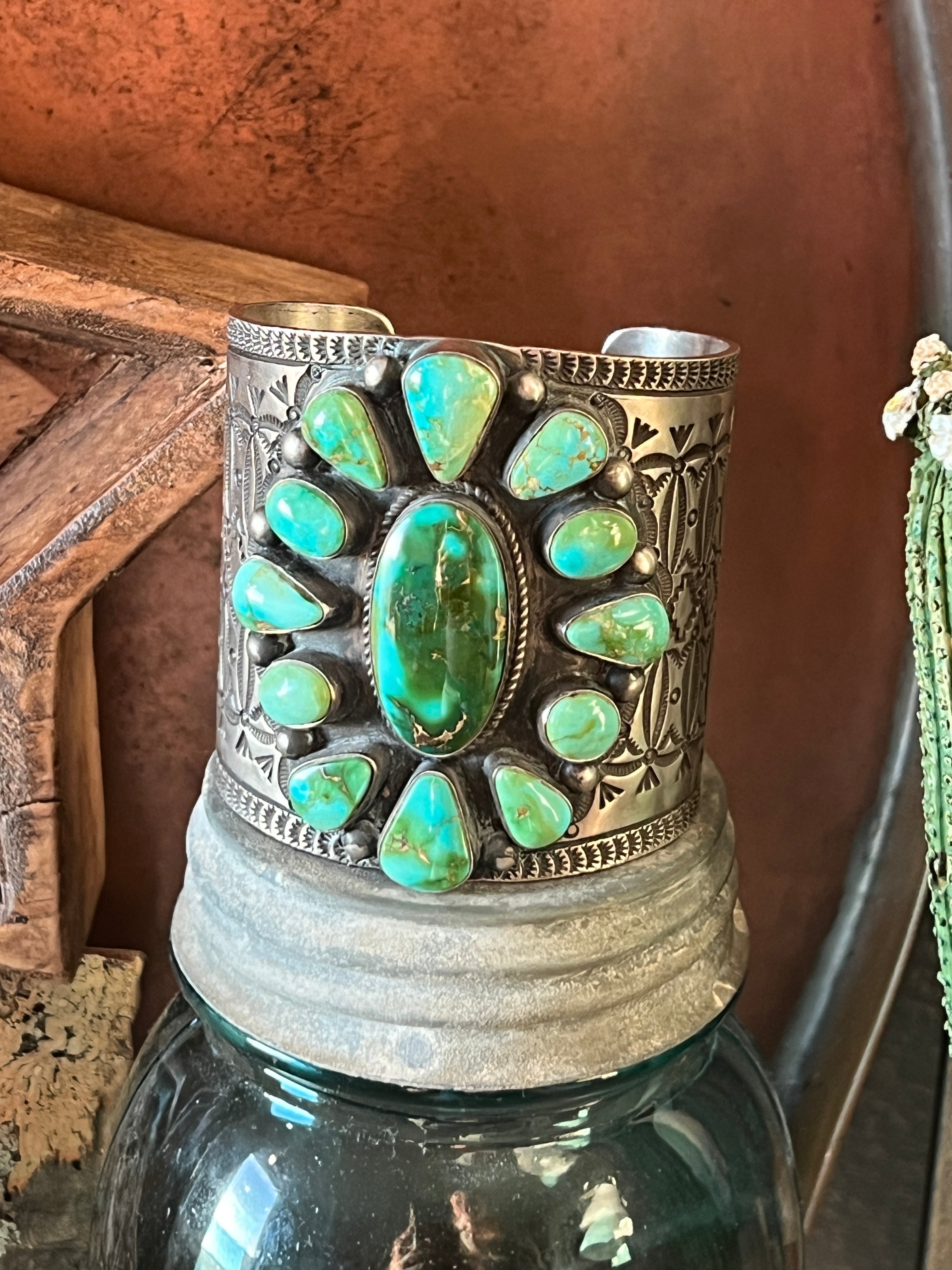 Handcrafted Hefty Sterling Silver and Sonoran Turquoise Cuff Bracelet by Herman Smith /