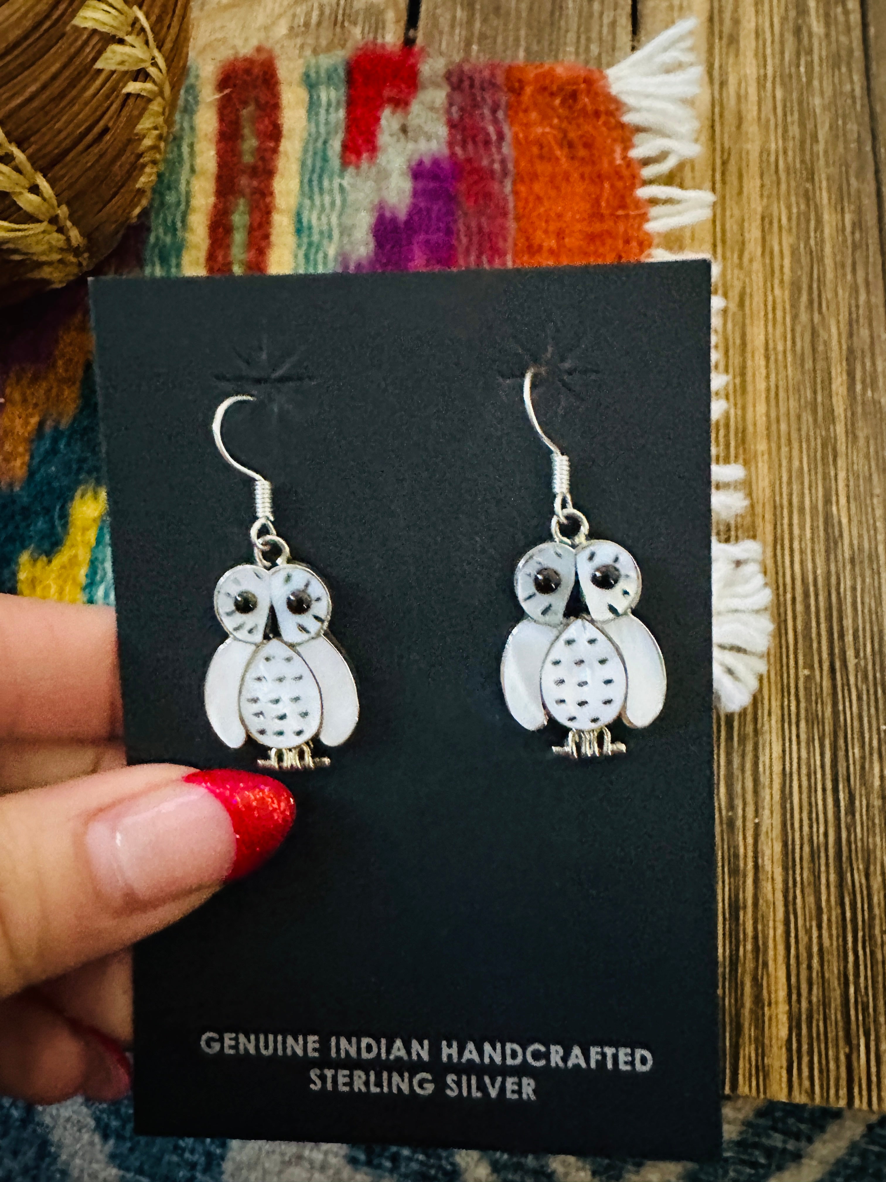 Handcrafted Sterling Silver, Mother of Pearl & Jet Inlay Owl Dangle Earrings