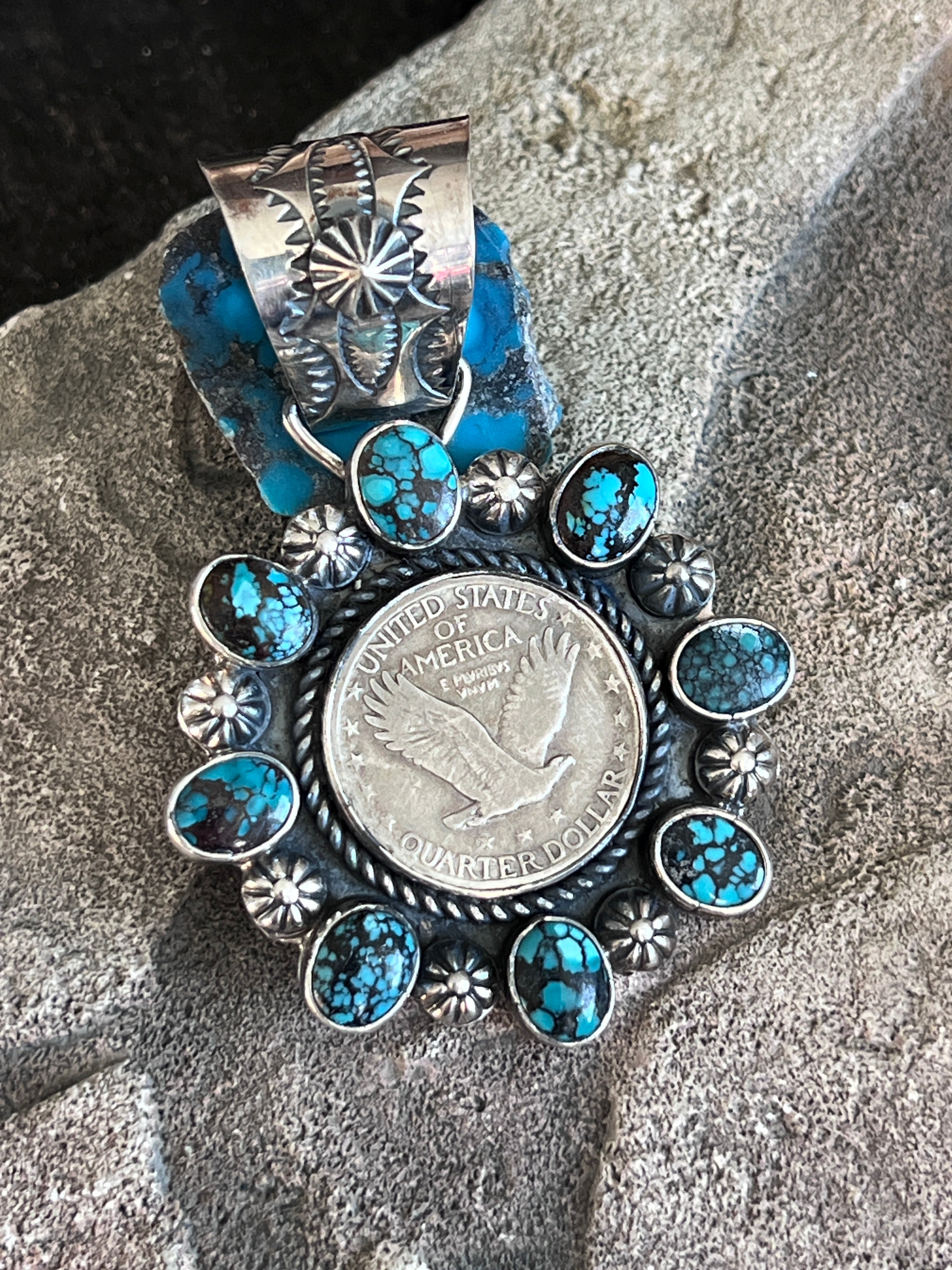 Rosella Paxson Sterling Silver, Liberty Quarter and Hubei Turquoise Cluster Pendant