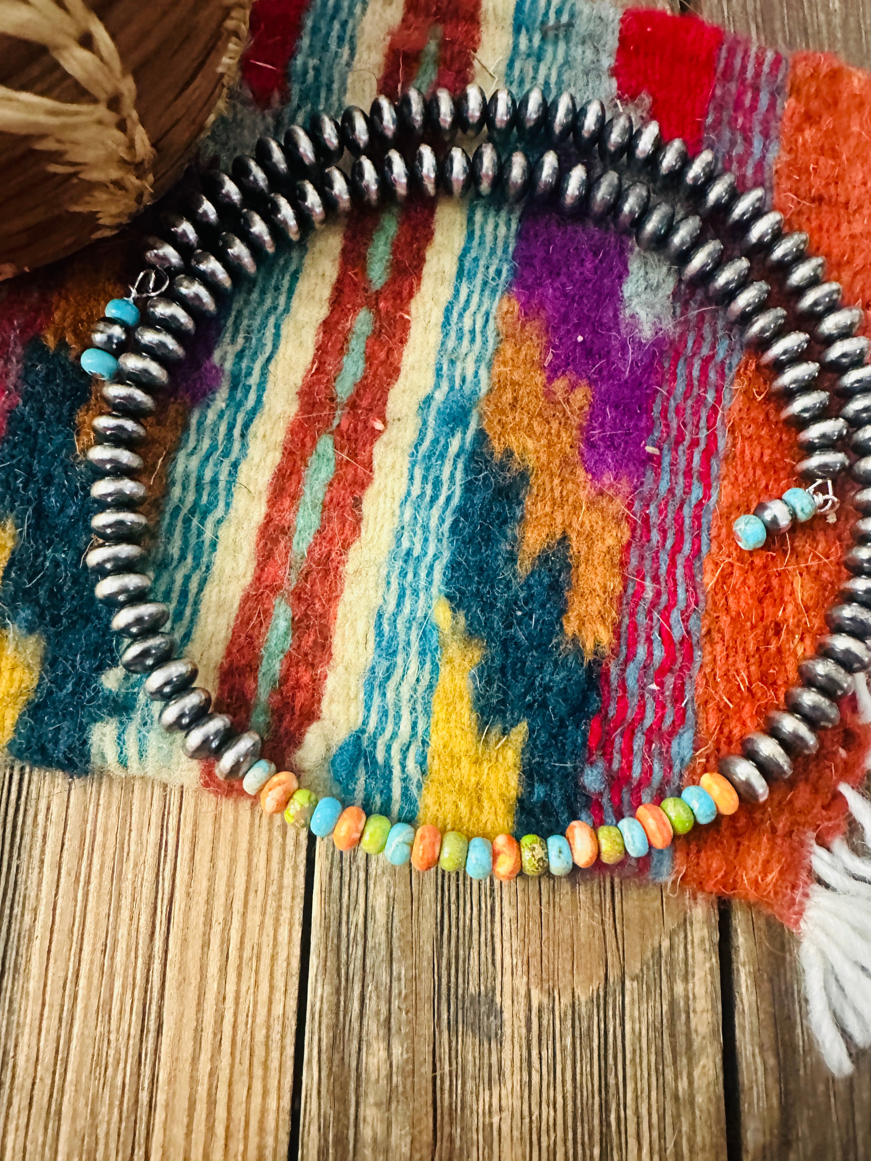 Handcrafted Turquoise, Spiny & Sterling Silver Beaded Wrap Choker Necklace