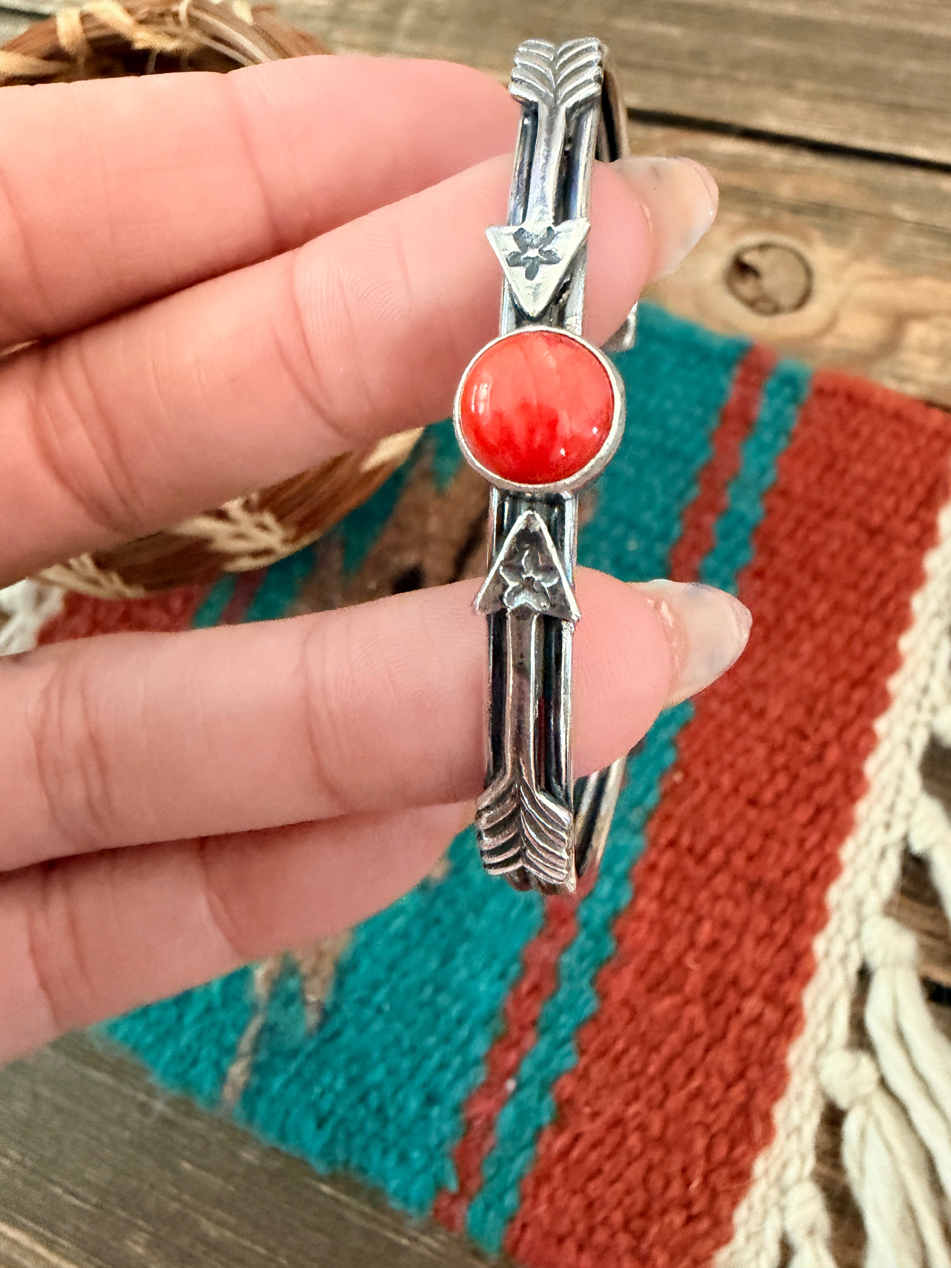 Handcrafted Sterling Silver & Red Spiny Oyster Arrow Cuff Bracelet