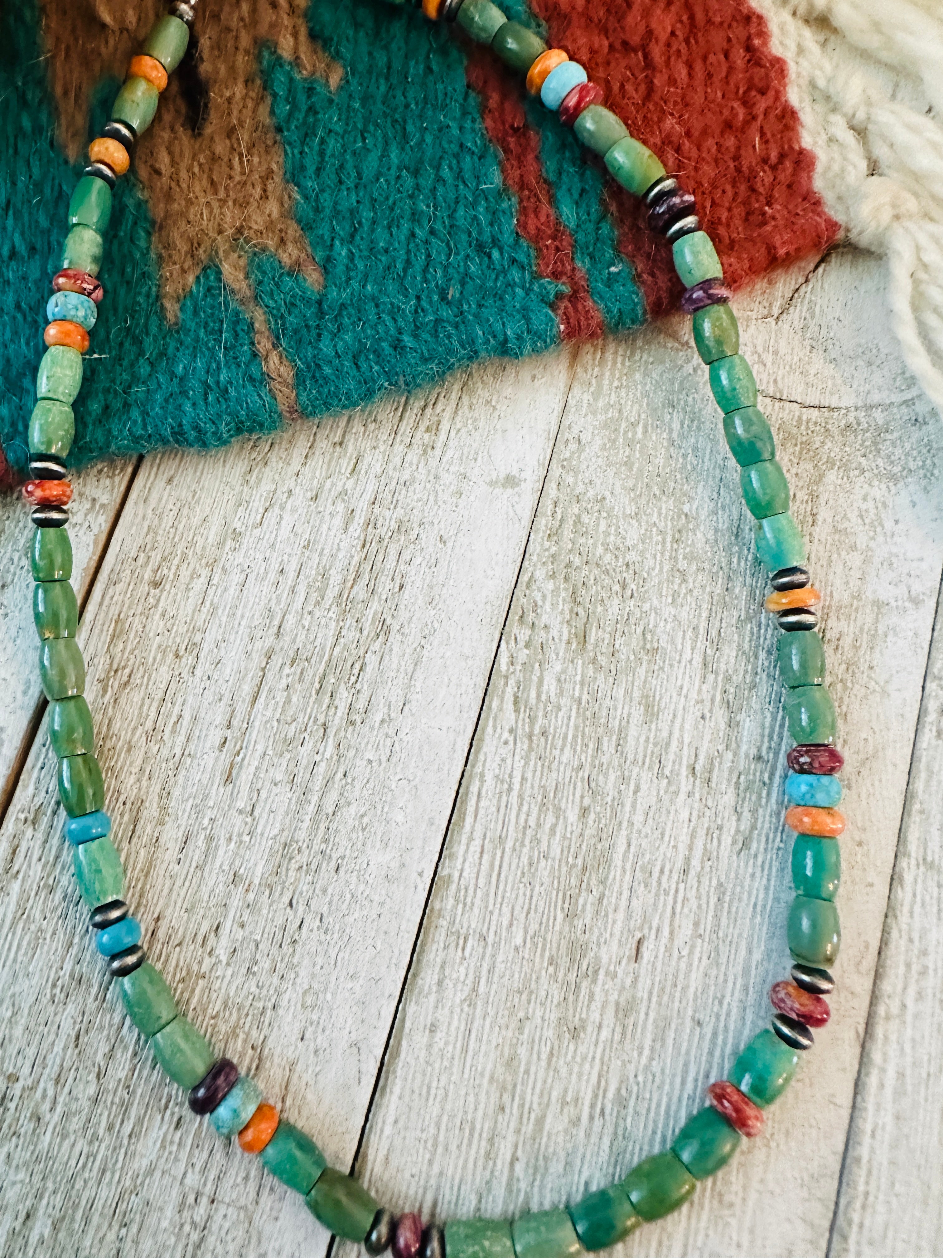 Handcrafted Turquoise, Spiny & Sterling Silver 16” Beaded Necklace