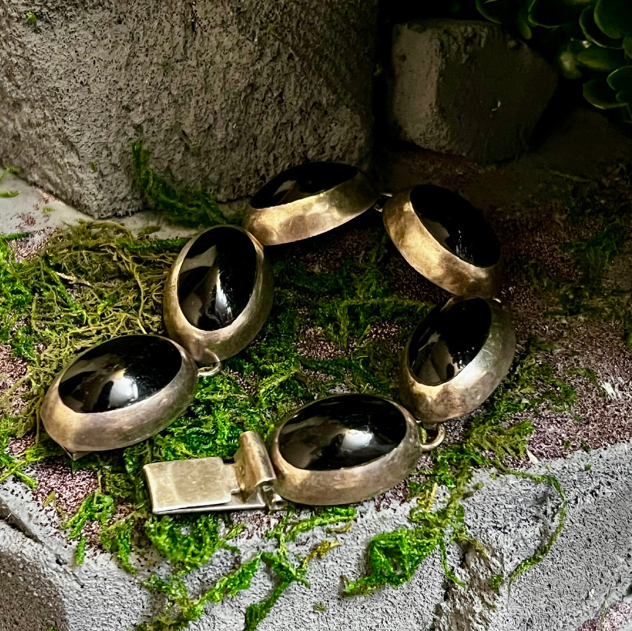 Handmade Old Pawn Sterling Silver & Oval Black Onyx Bracelet