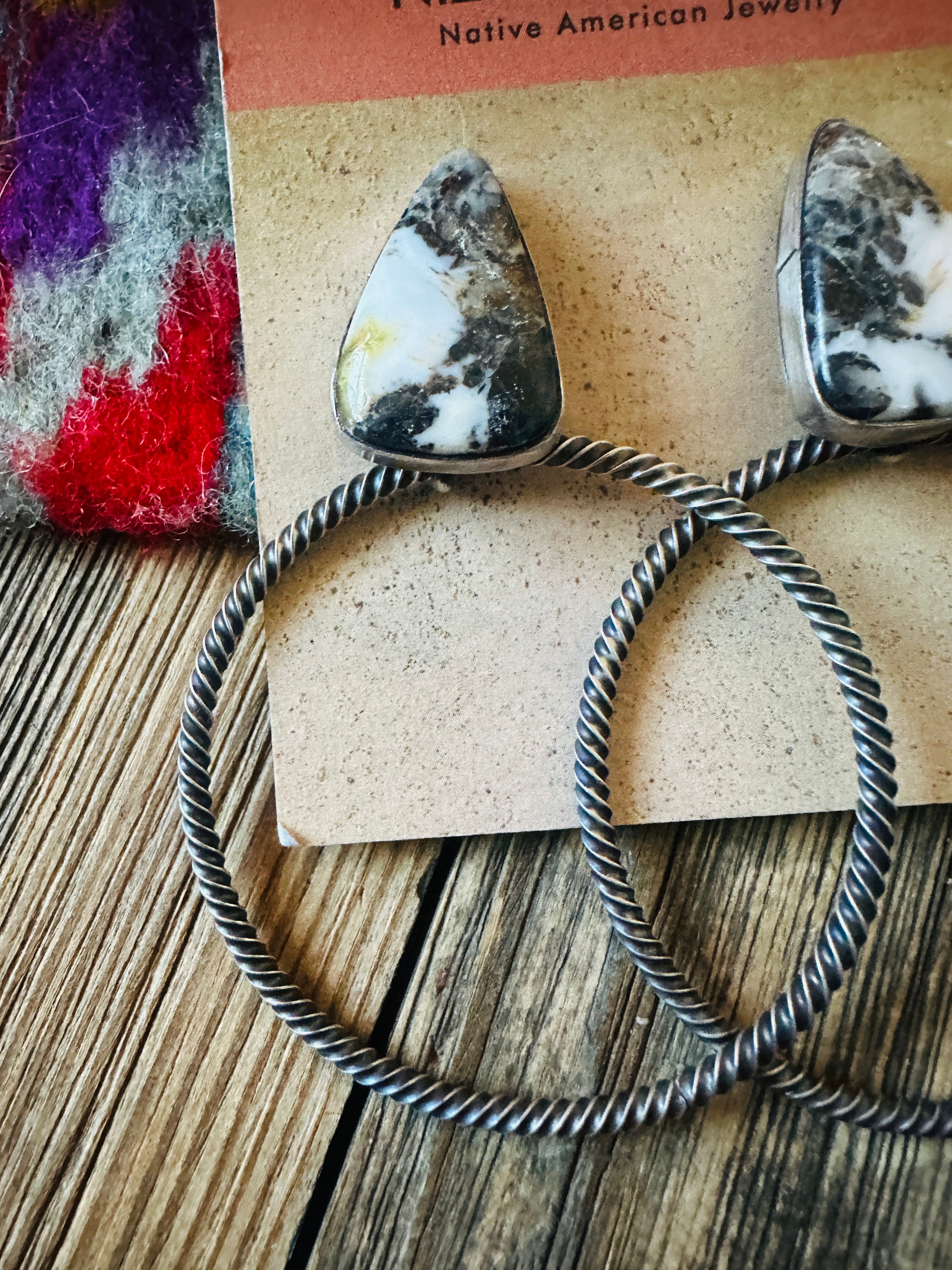 Handcrafted White Buffalo & Sterling Silver Dangle Hoop Earrings