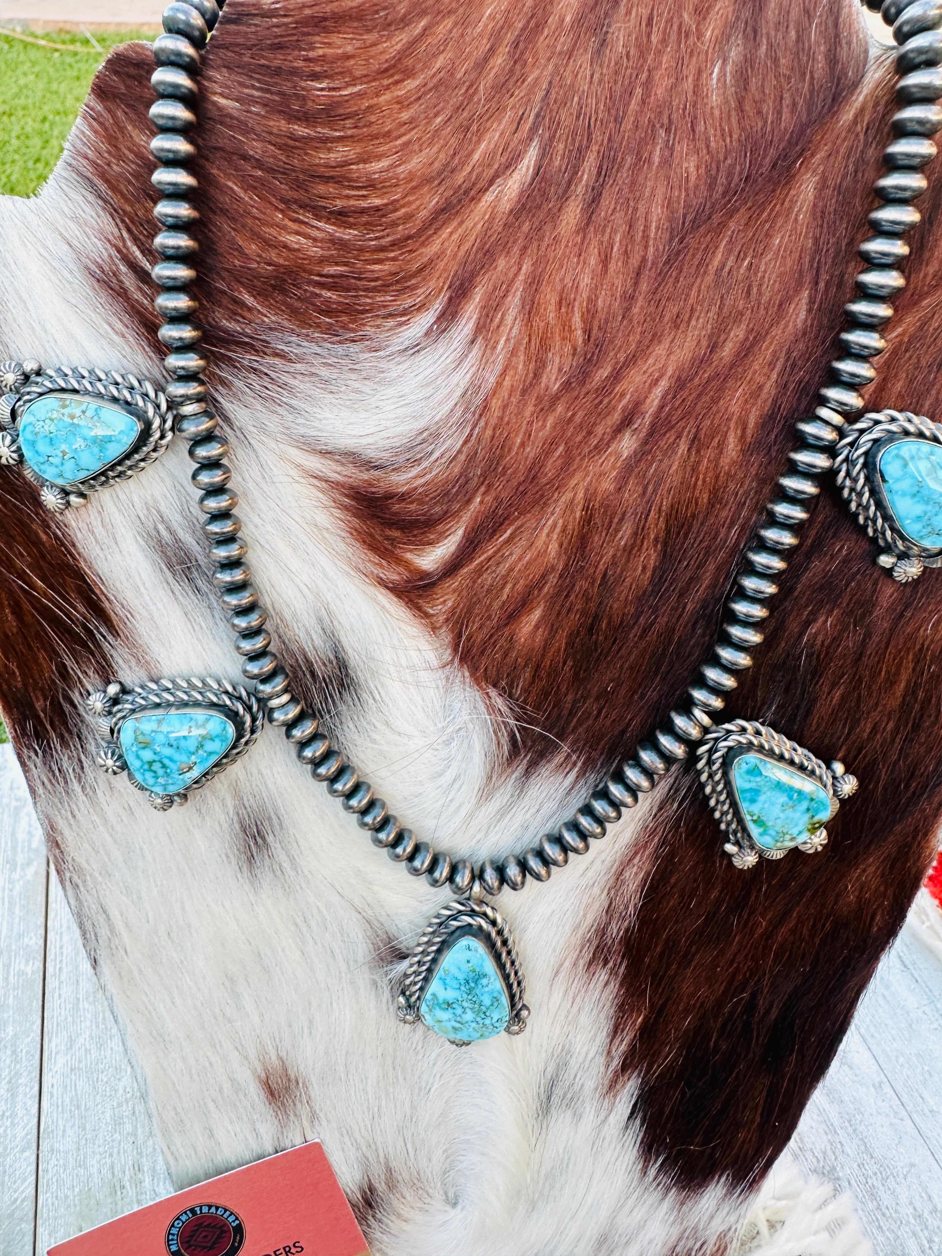 Handcrafted Kingman Web Turquoise & Sterling Silver Necklace and Earring Set by Eli Skeets