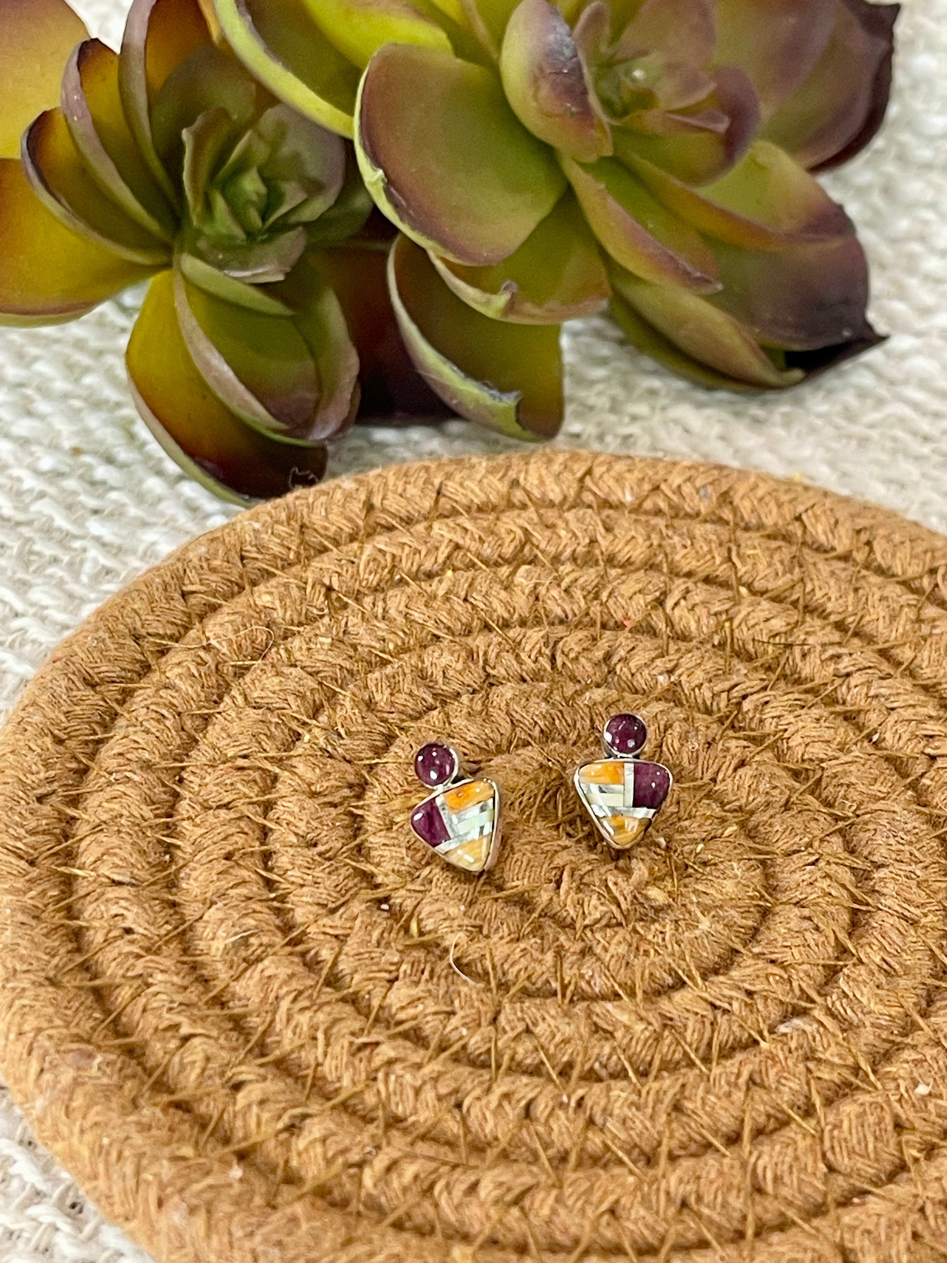 Beautiful Handmade Sterling Silver & Multi Stone Inlay Stud Earrings