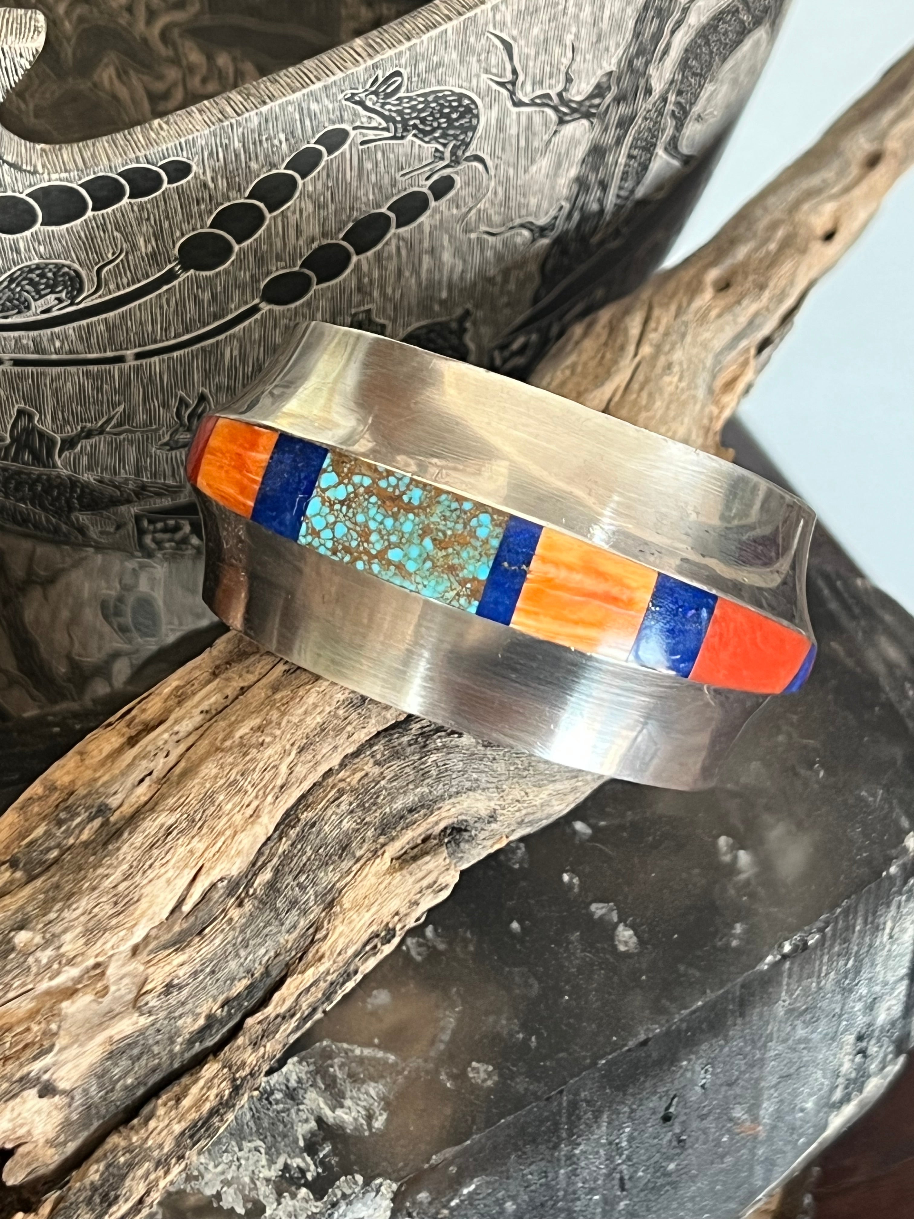 Old Pawn Sterling Silver, Number 8 Turquoise, Lapis, Spiny Oyster and Coral Inlay Cuff Bracelet by Duane Maktima /