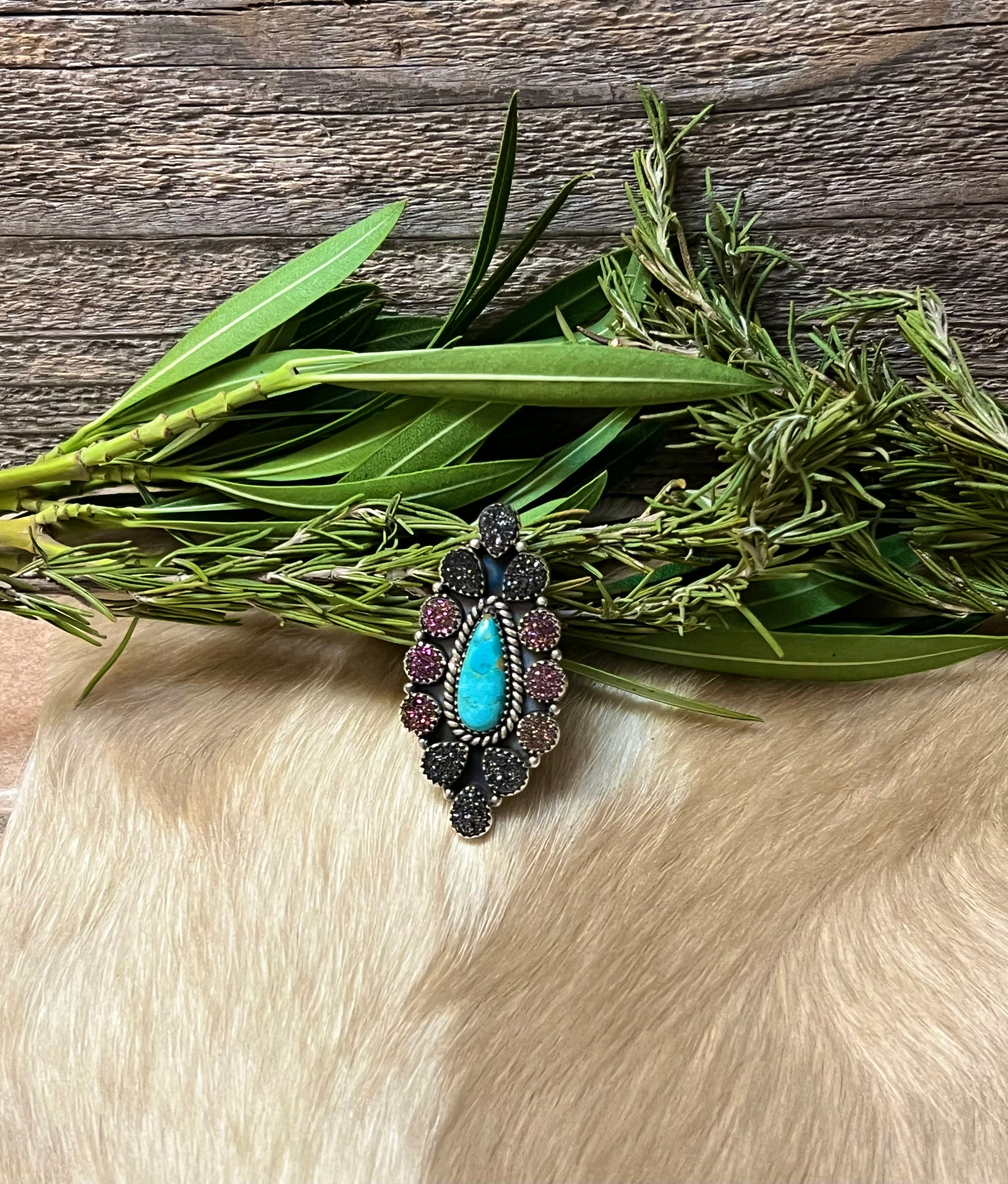 Handmade Sterling Silver Turquoise with Purple & Black Druzy Adjustable Statement Ring