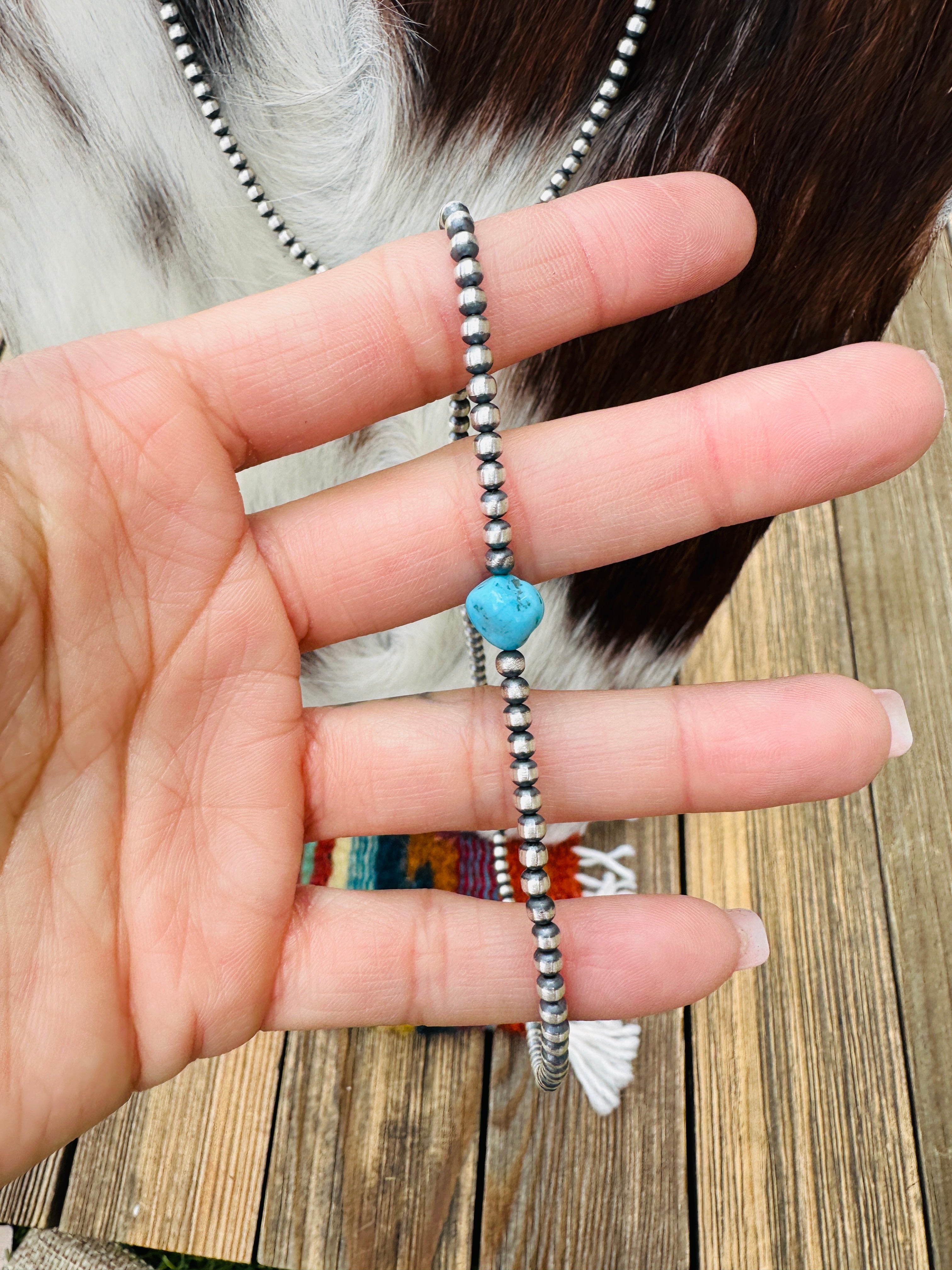 Handcrafted Turquoise & Sterling Silver Pearl Beaded Necklace