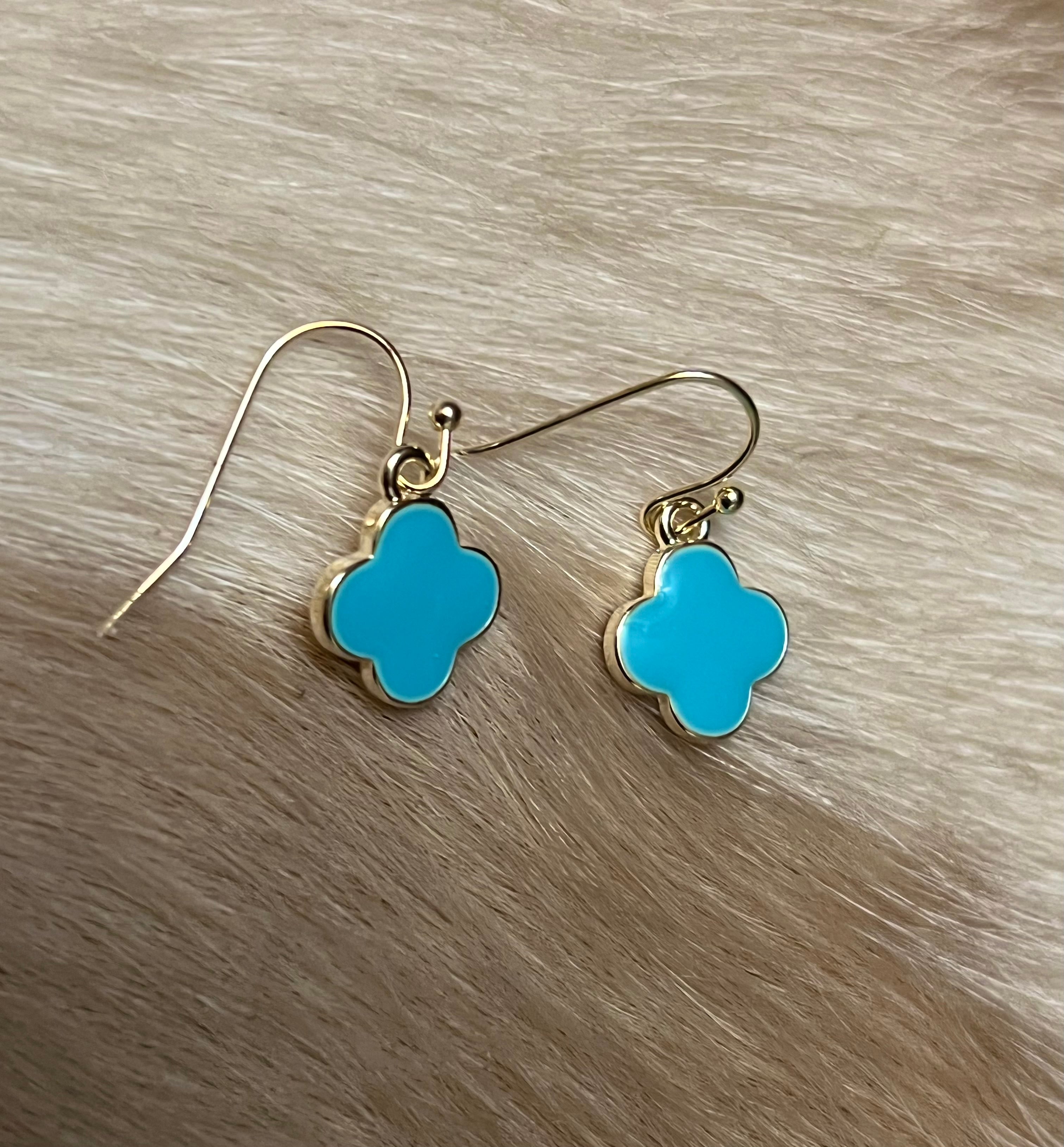 14k Gold Plated Small Turquoise Colored Clover Wire Earrings