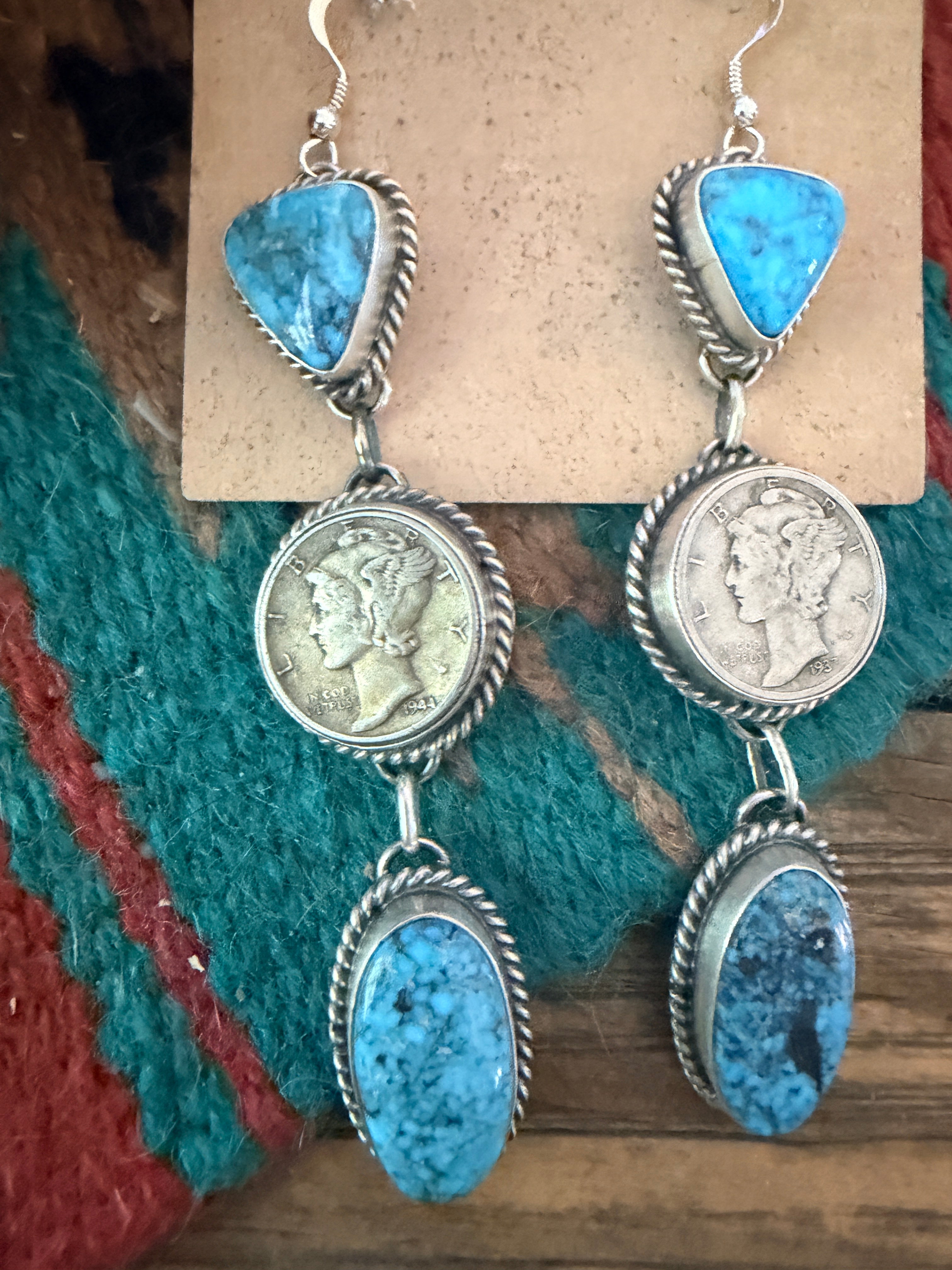 Handcrafted Turquoise & Sterling Silver Liberty Dime Dangle Earrings by Hiram Largo