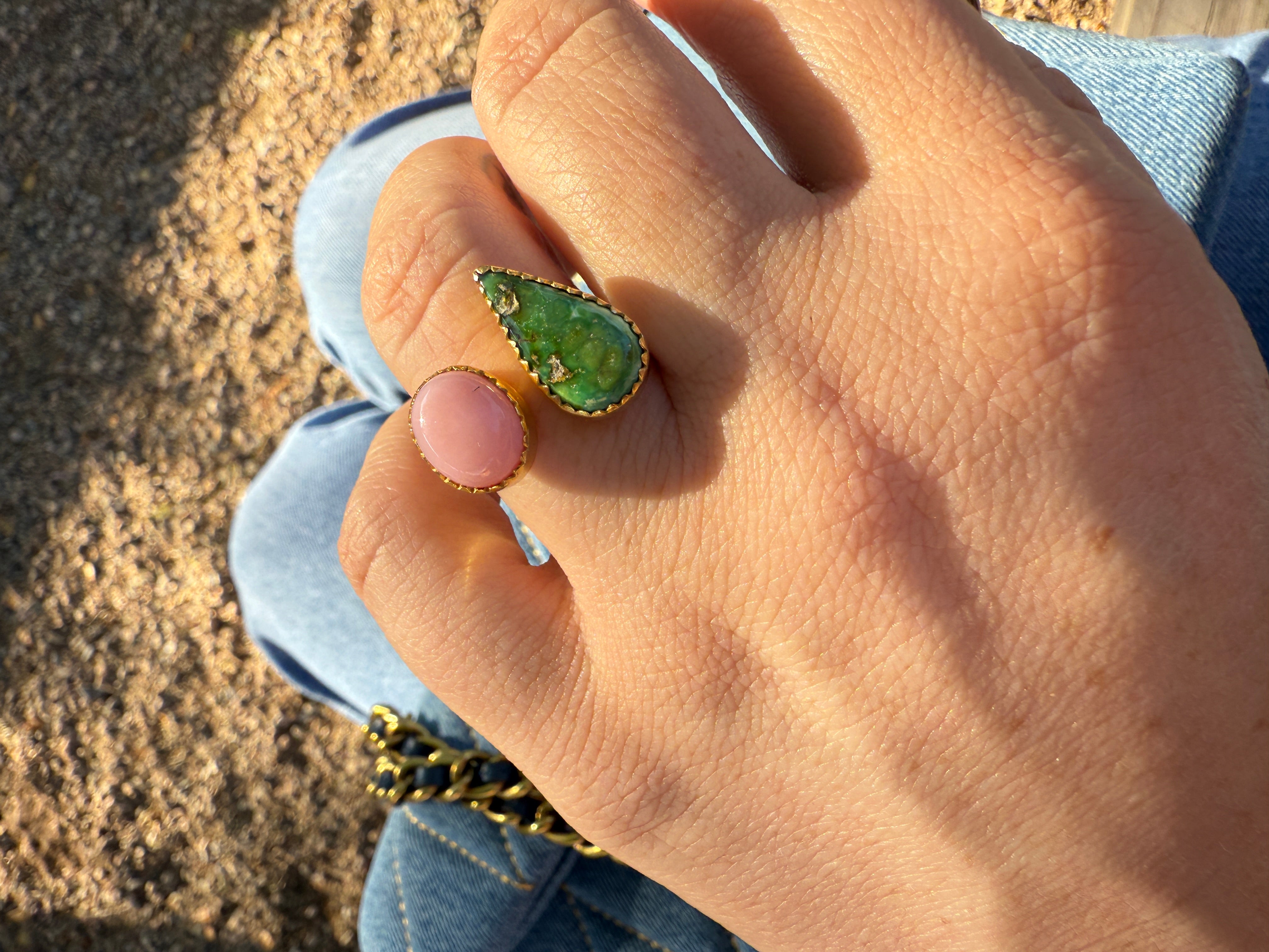 “The Golden Collection” Natural Sonoran Turquoise & Pink Opal Adjustable Ring