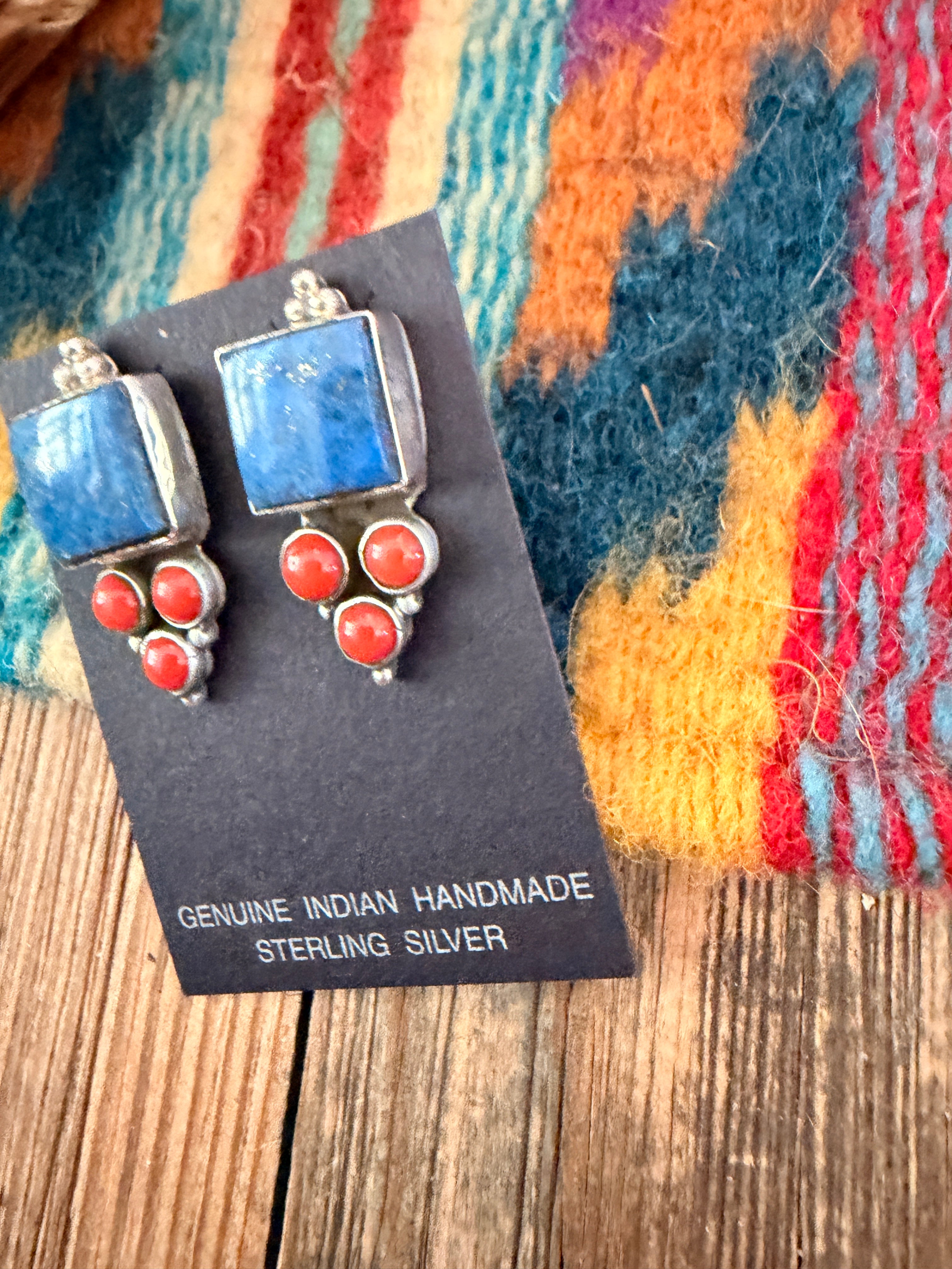 Handcrafted Lapis, Coral & Sterling Silver Dangle Earrings