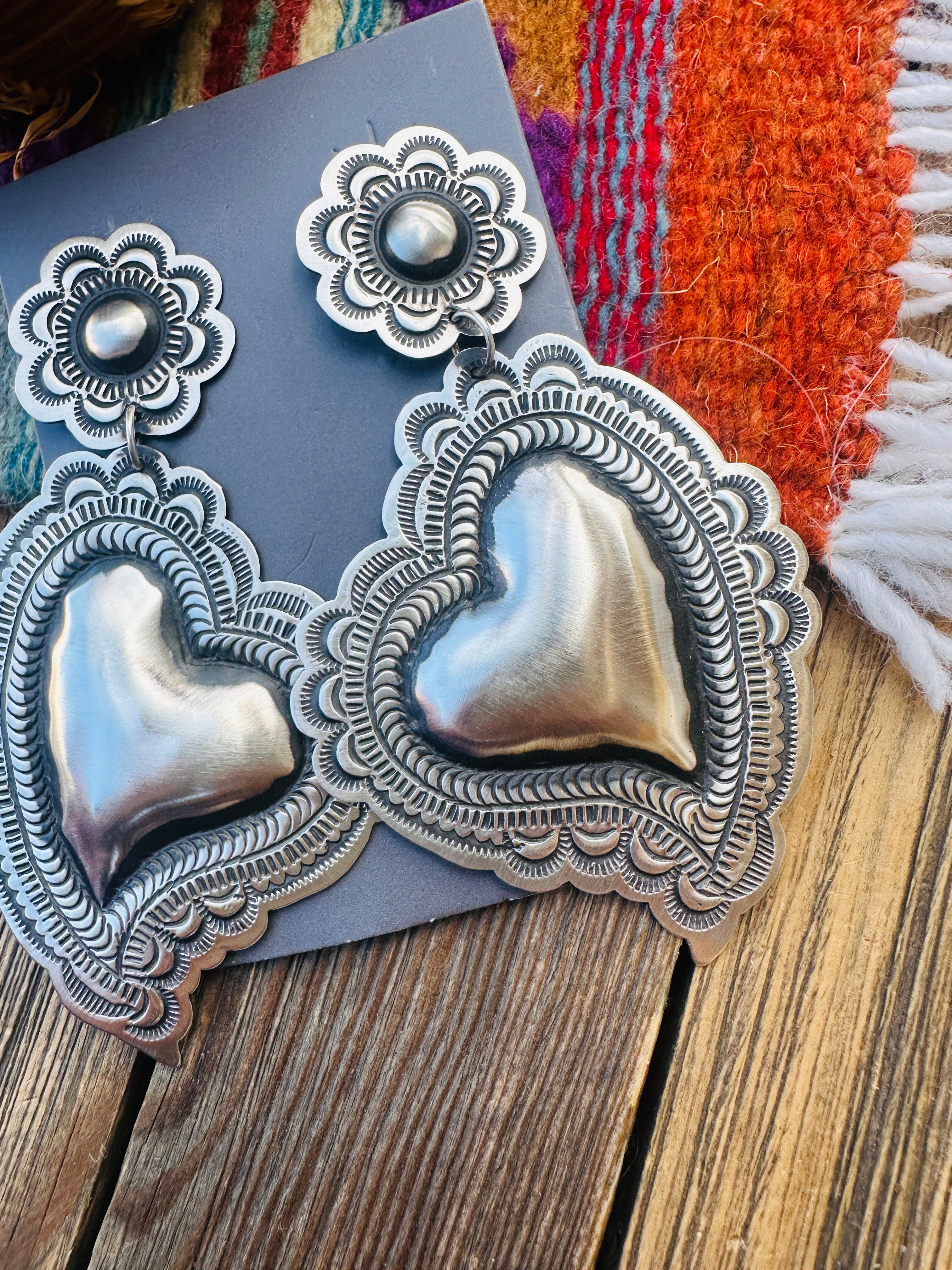 Handcrafted Sterling Silver Concho Heart Dangle Earrings by Leander Tahe