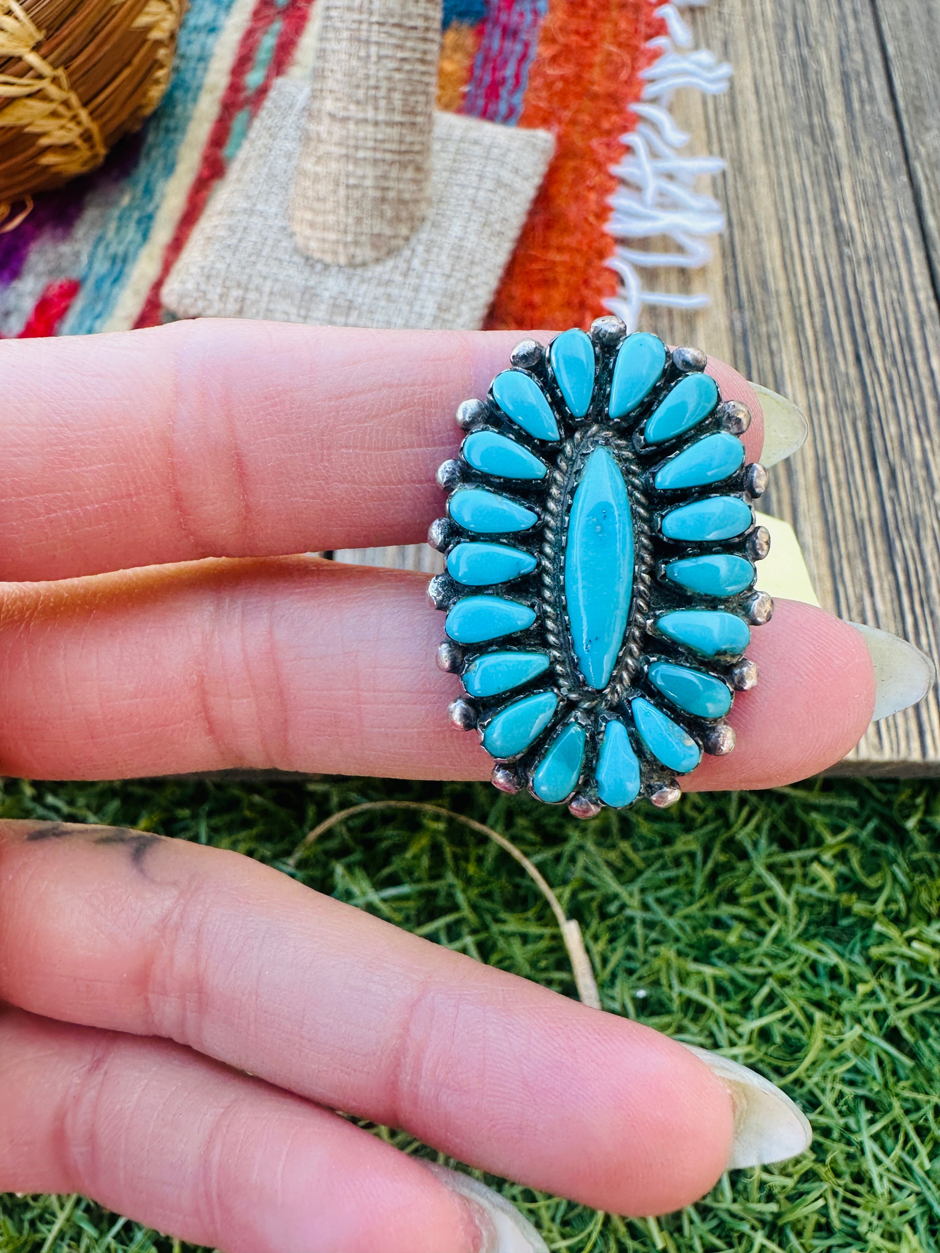 Old Pawn Handcrafted Turquoise & Sterling Silver Cluster Ring Size 7