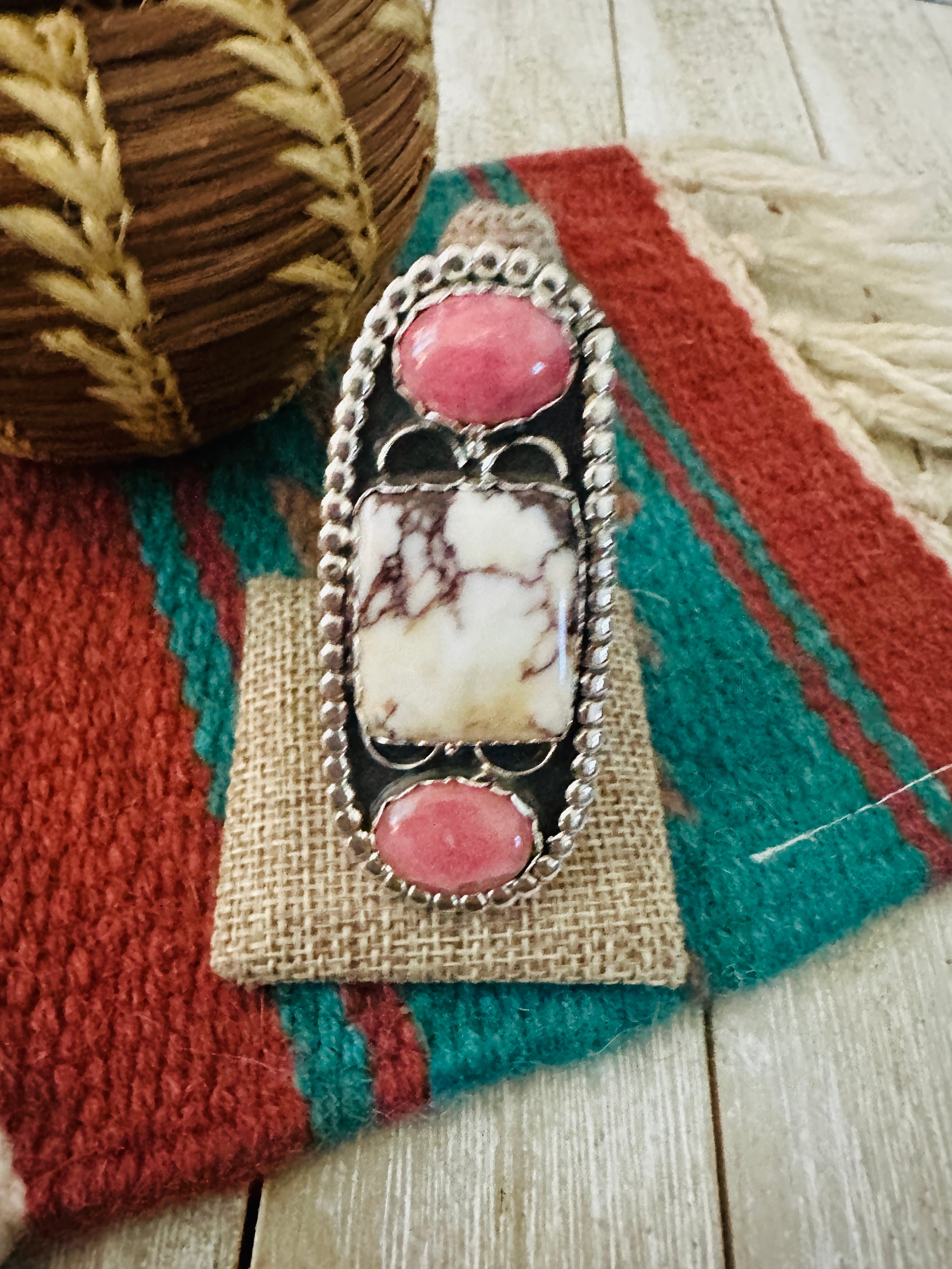 Handcrafted Wild Horse, Rhodochrosite & Sterling Silver Ring Size 10