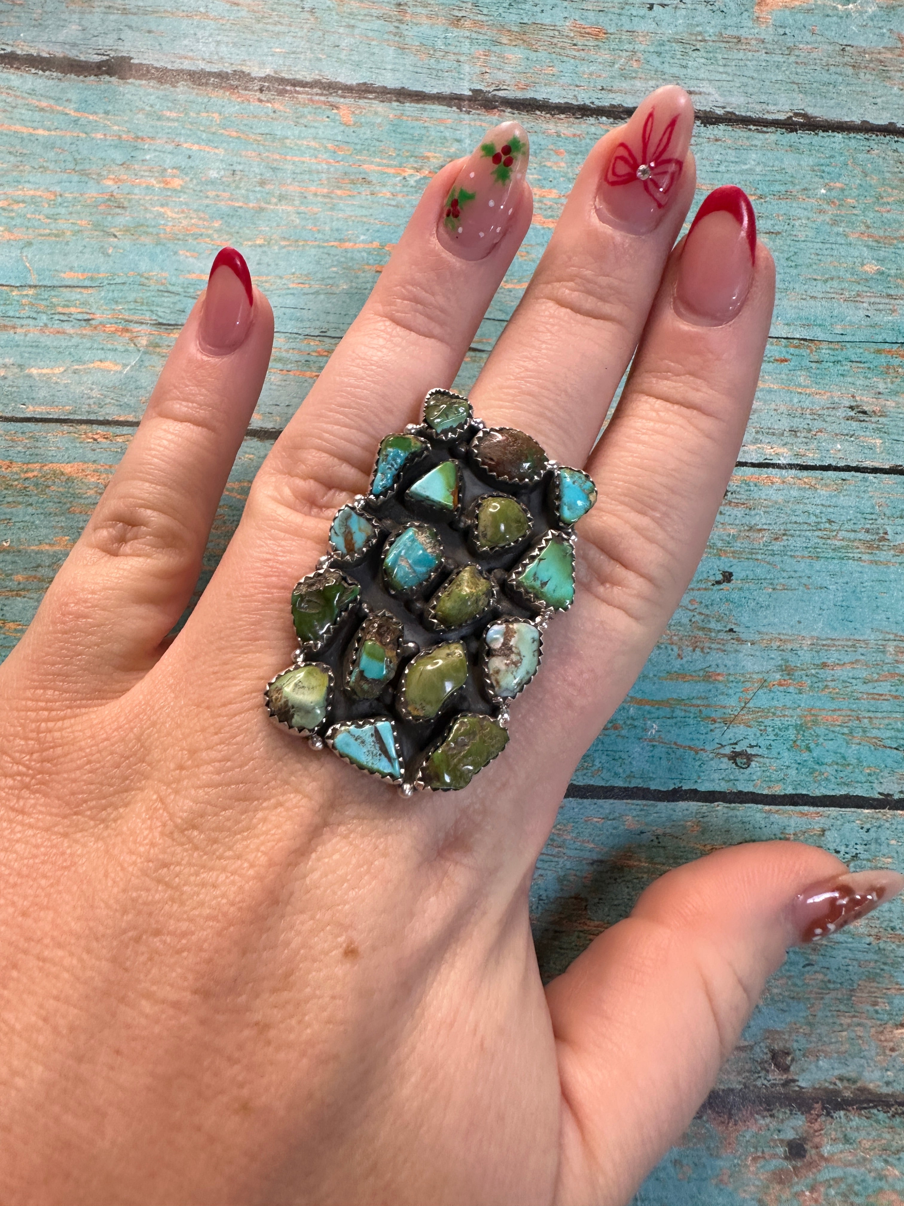 Beautiful Handmade Sonoran Mountain Turquoise And Sterling Silver Adjustable Cluster Ring